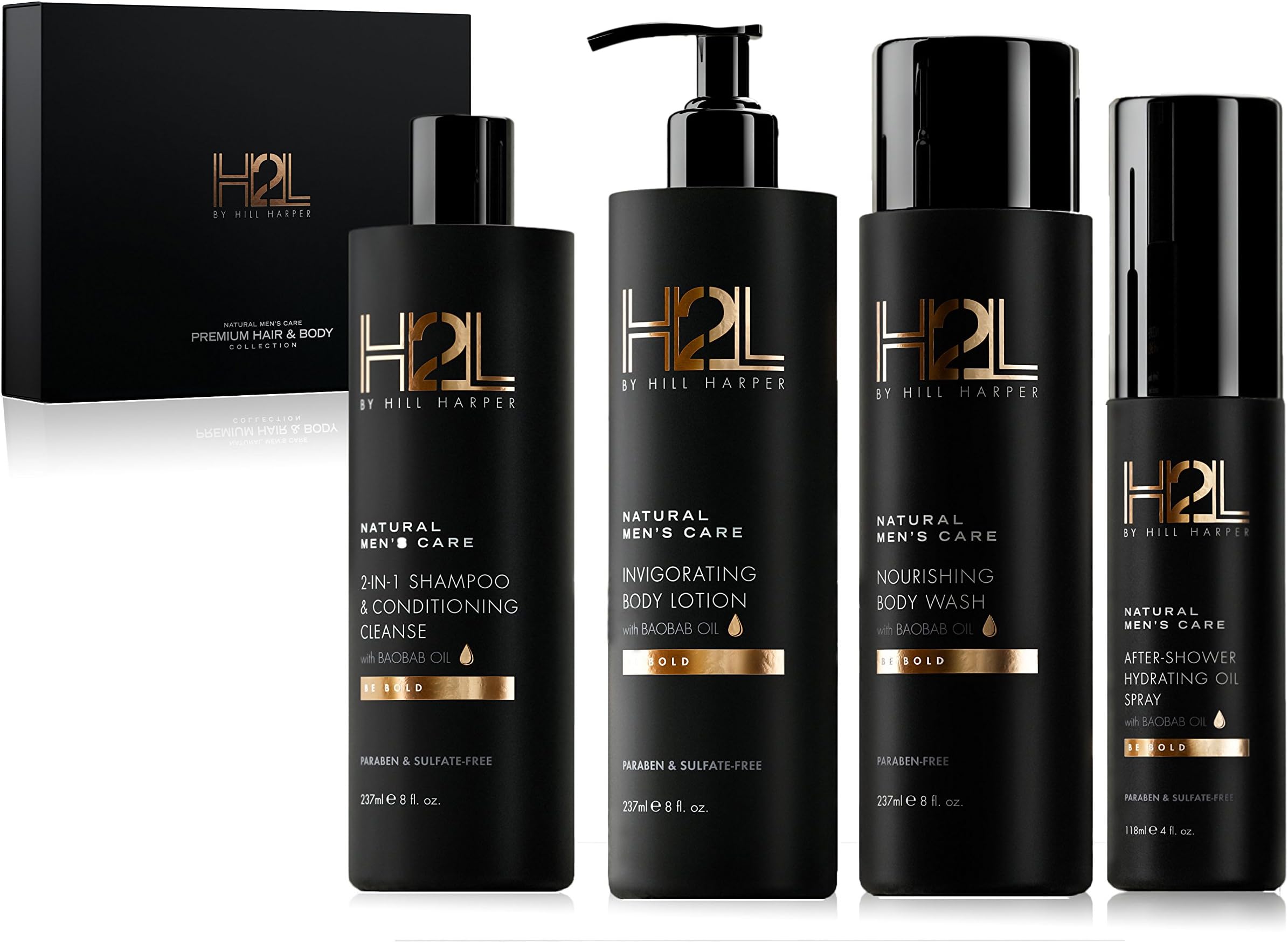 Premium Men's Hair & Skin Care Collection - Gift Set with Nourishing Body Wash, 2-in-1 Restoring Shampoo & Conditioner, After-Shower Hydrating Body Oil and Moisturizing Lotion. By Hill Harper