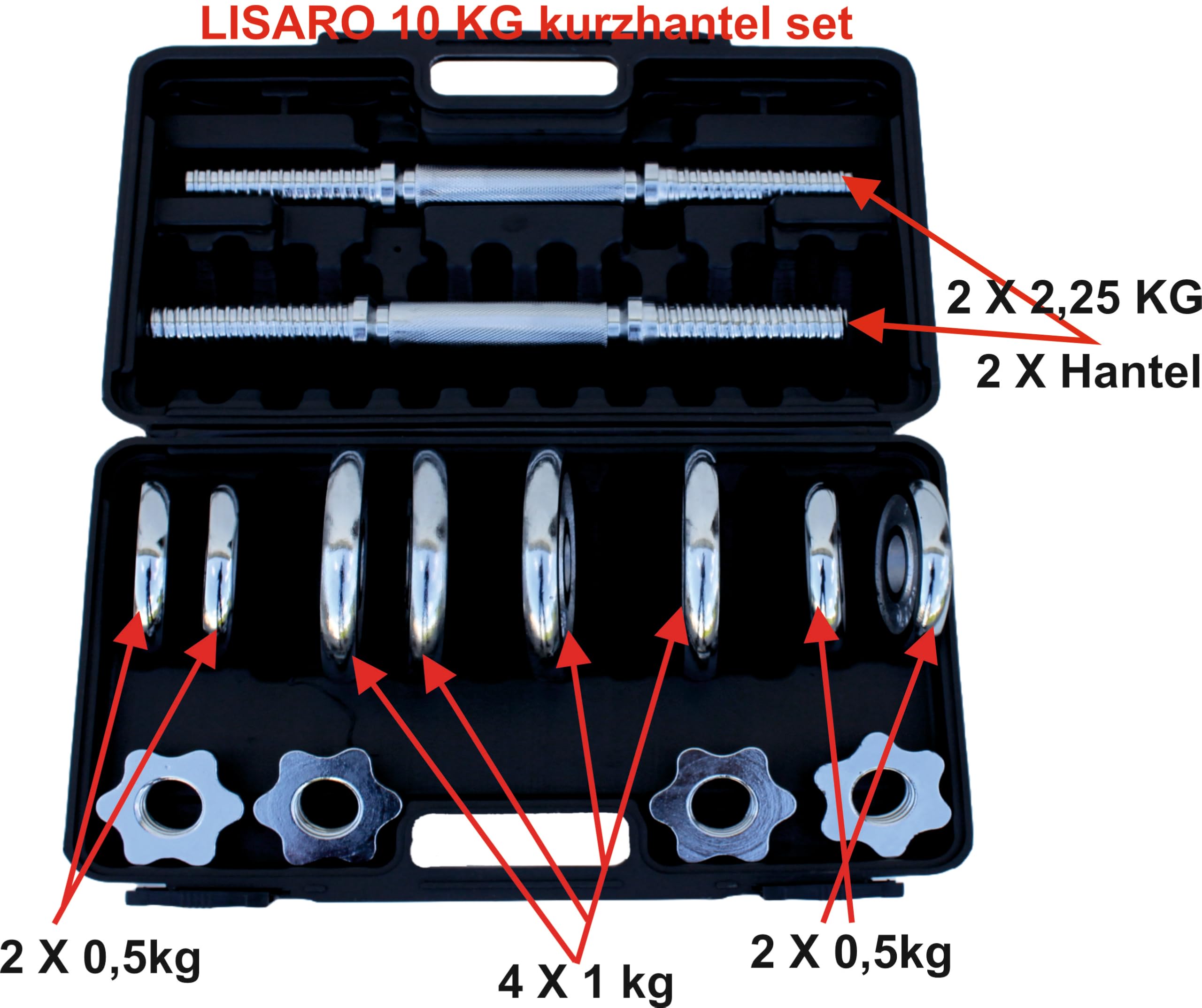 Lisaro Kurzhanteln – Set | 10/15 kg | inkl. Sternverschlüsse & Hantelscheiben | Hantelkoffer | Hantelset, Kurzhantelset, Kurzhantel