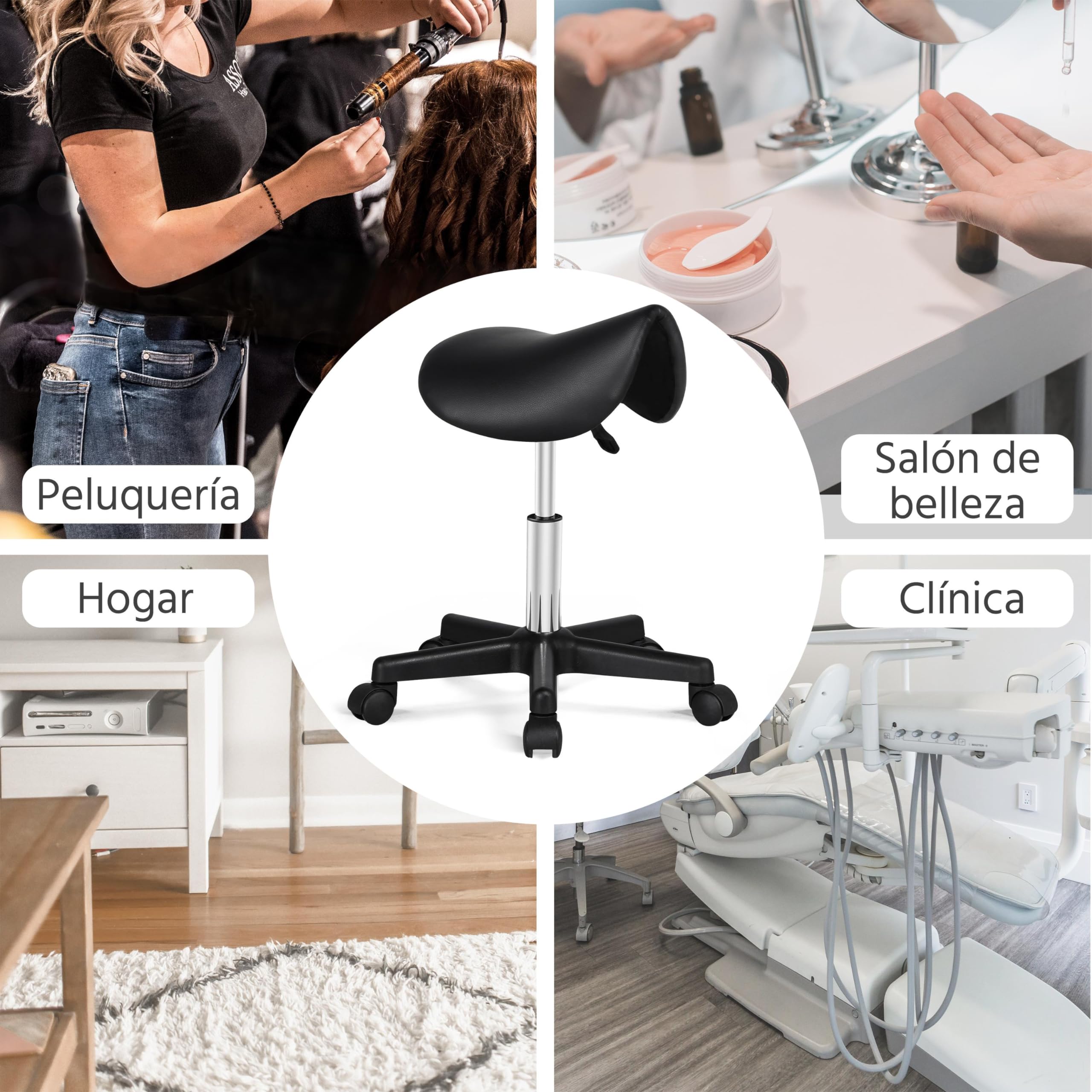 Yaheetech Taburete con Ruedas Taburete Regulable con Respaldo Silla Alta Giratorio para Peluquería Tocador Maquillaje Bar Negro