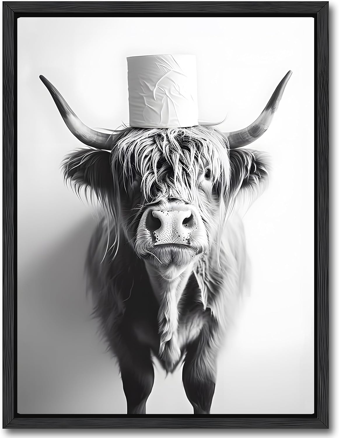 Floating Framed Bathroom Picture Wall Decor - Highland Cow with Toilet Paper on Head Canvas Wall Art, Black and White Toilet Decor Cow Poster Paintings Prints for Restroom Decoration 8x10 inch Black and White Cow Floating 10"L x 8"W