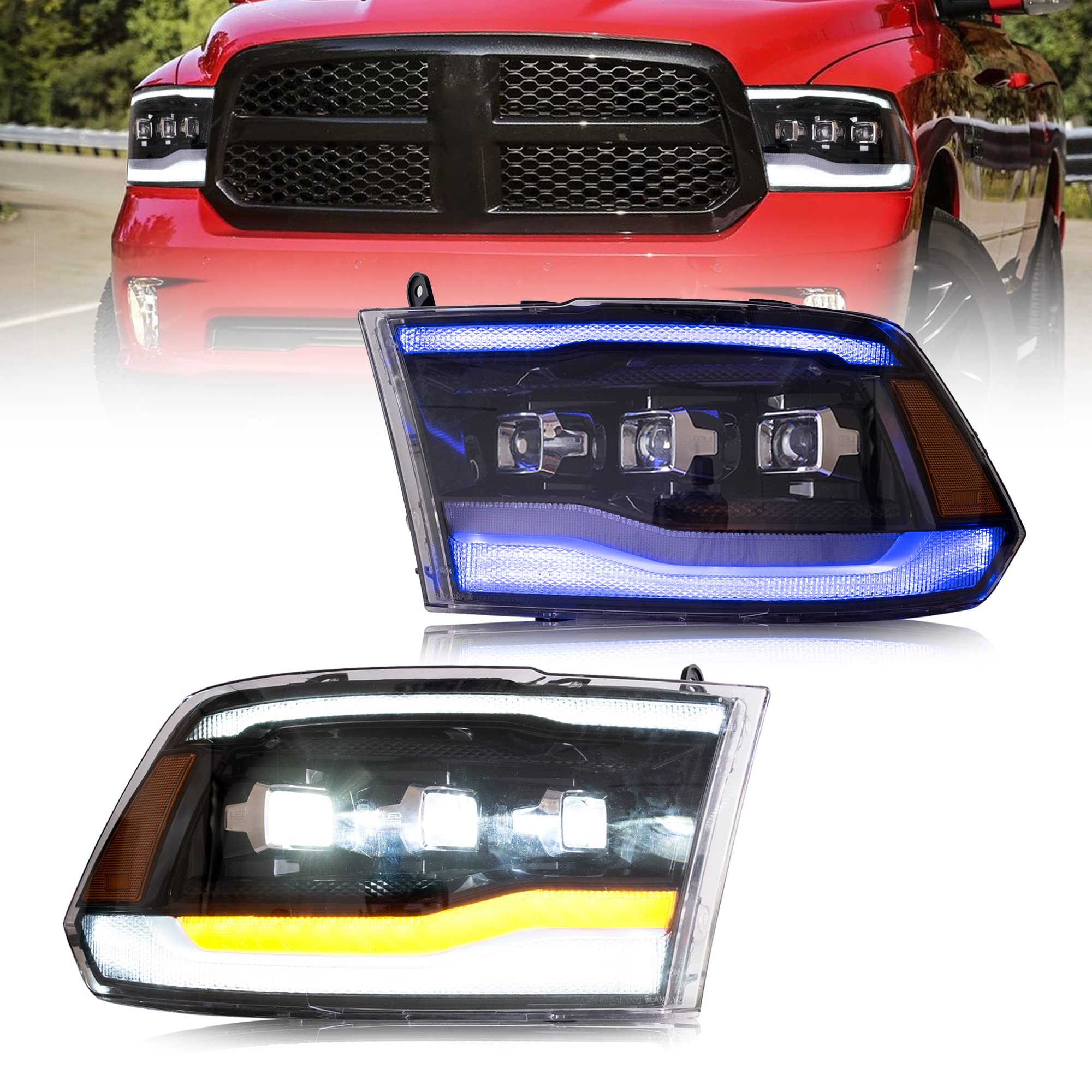 VLAND LED Projector Headlights Compatible with Dodge RAM 1500/2500/3500 2009-2018 & RAM 1500 Classic 2019-2021 w/Breathing Light w/Dynamic Animation w