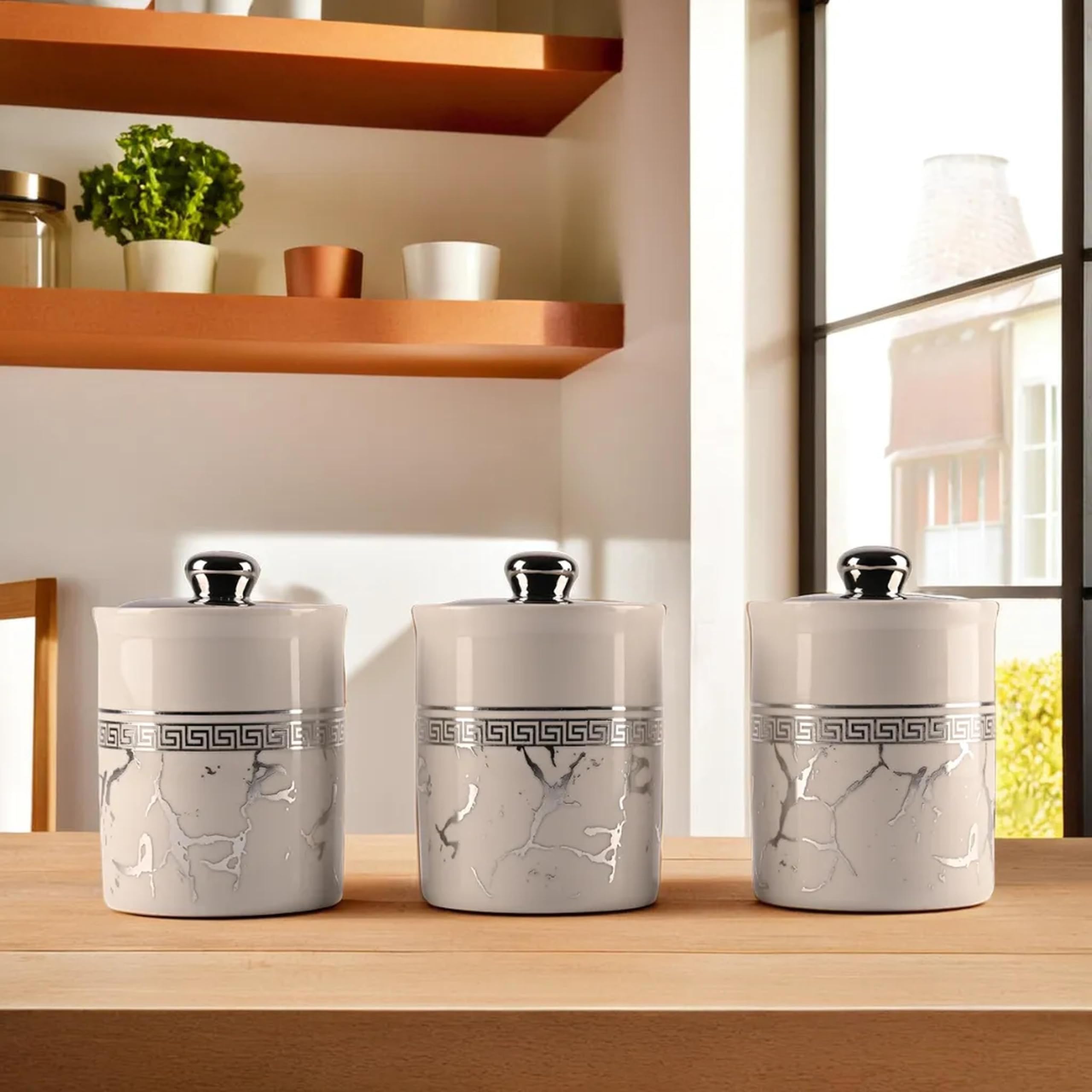 Kuber Industries Set of 3 (900 ml) Airtight Ceramic Salt Jar Storage Set with Ceramic Lid or Holder For Kitchen Condiment | Chini Mitti Pots Container for Achar | Silver Print - White