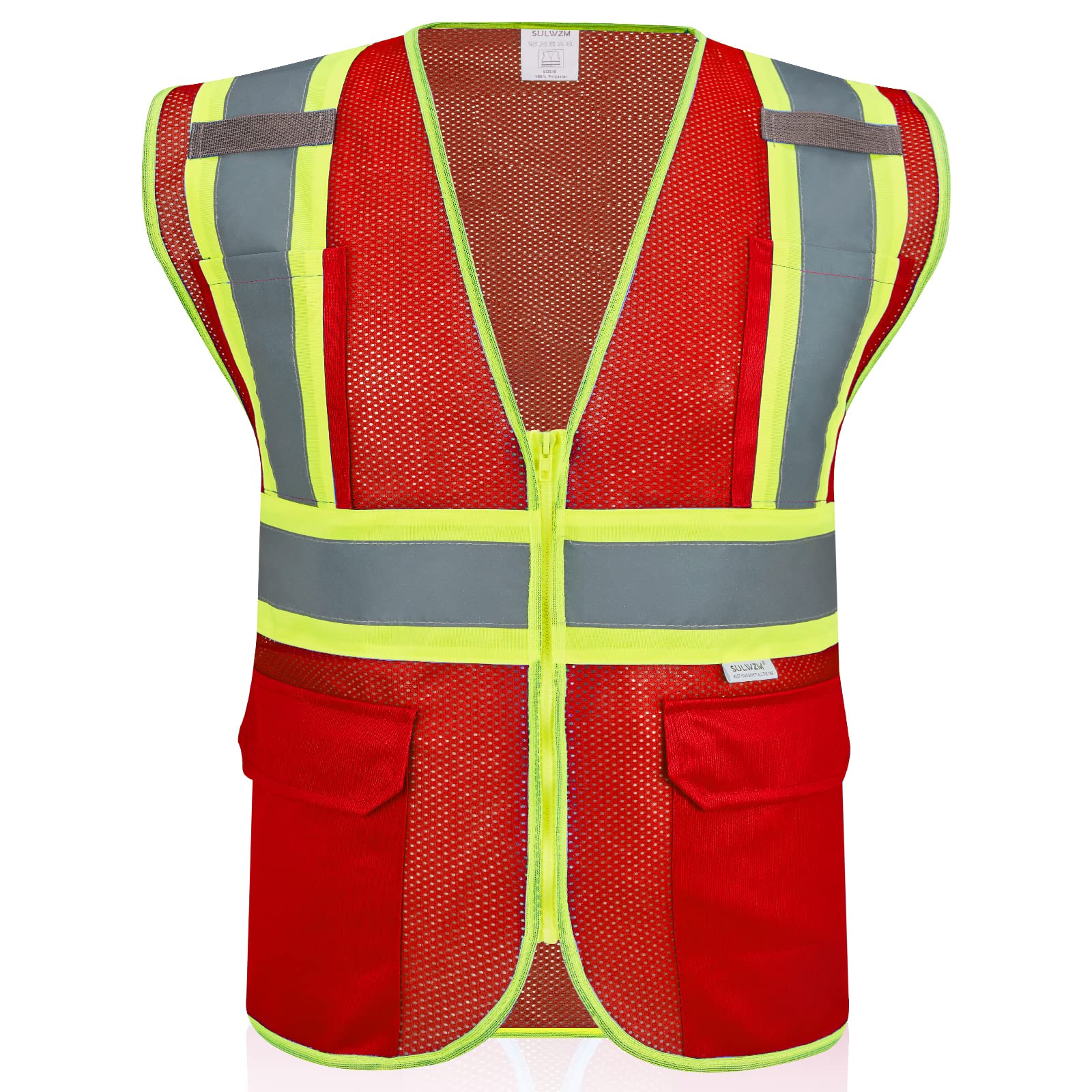 High Visibility Reflective Safety Vest with Zipper and Pockets Red,L
