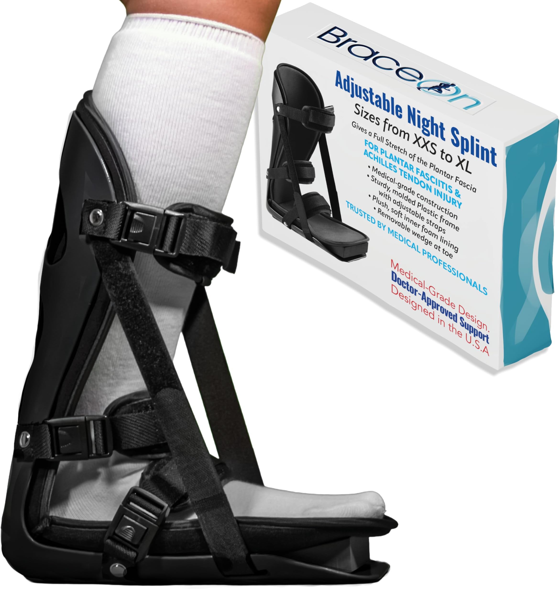 Brace On Adjustable Night Splint, Foot Ankle Brace Support, Black, Medium | Dual Flexion Straps, Removable Wedge and Liner, Bottom Traction, Washable, Adjustable Fit, Overnight Support