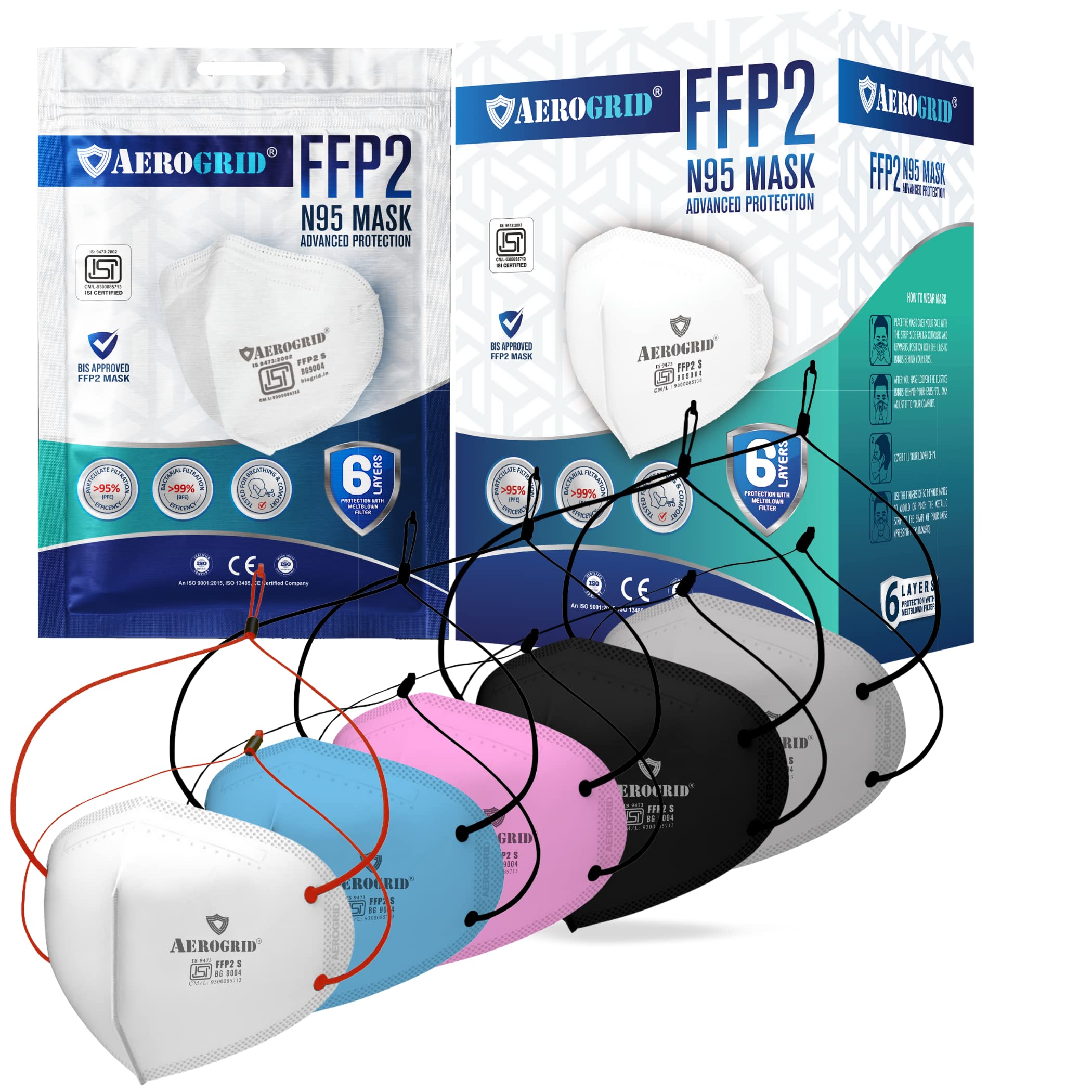 AeroGrid FFP2 | Pack of 10 | ISI Mark | BIS Certified | EN 149 European Std. Certified | Premium N95 Mask for Unisex (Multicolor 1, Head Loop (6 Layer - 300 GSM)) (B09TZ7CX7M) Amazon Price History, Amazon Price Tracker