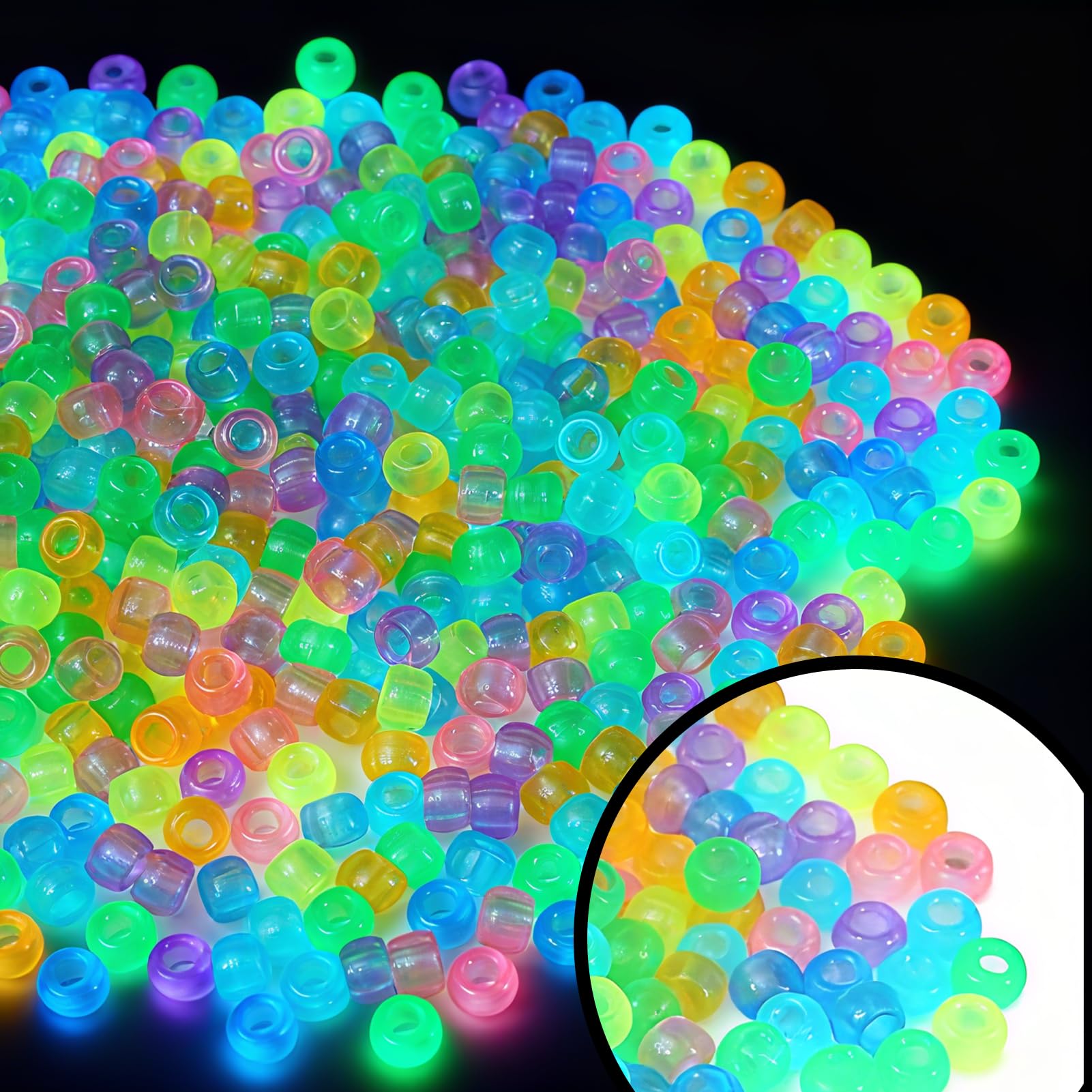 400 Glow in The Dark Pony Beads in The Dark Pony Beads, Multicoloured Plastic Beads with 4 mm Hole Size for Jewellery Crafts, Bracelets, Necklaces and Creative DIY Projects,Plastic Friendship Beads