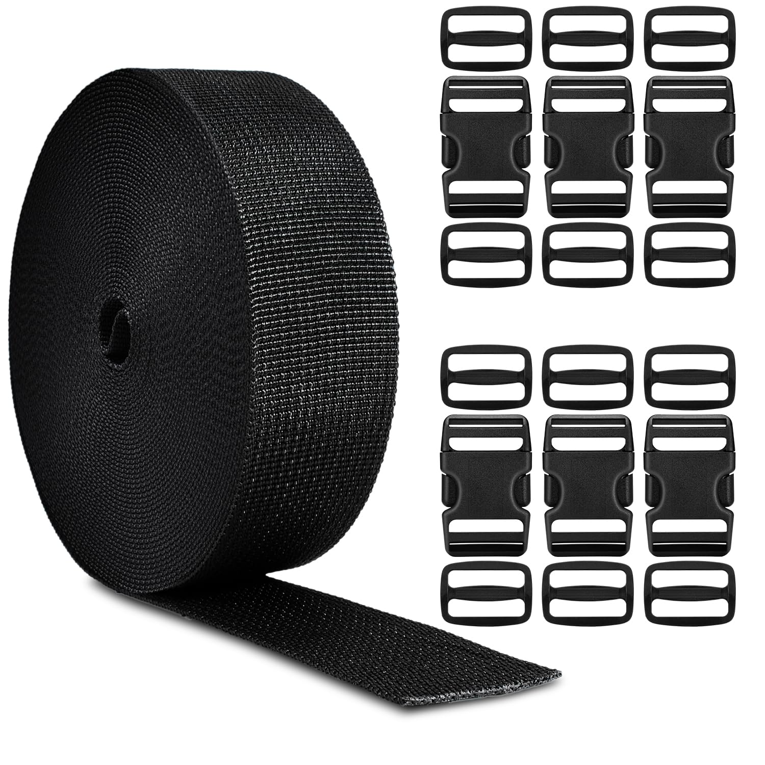 CooBigo 1.5" Buckles Straps Set:6 Pack Quick Release Buckles+10 Yard Webbing Straps 1.5 Inch Wide+12 Pcs Tri-Glide Sliders, Plastic Buckle Dual Adjustable Webbing No Sewing