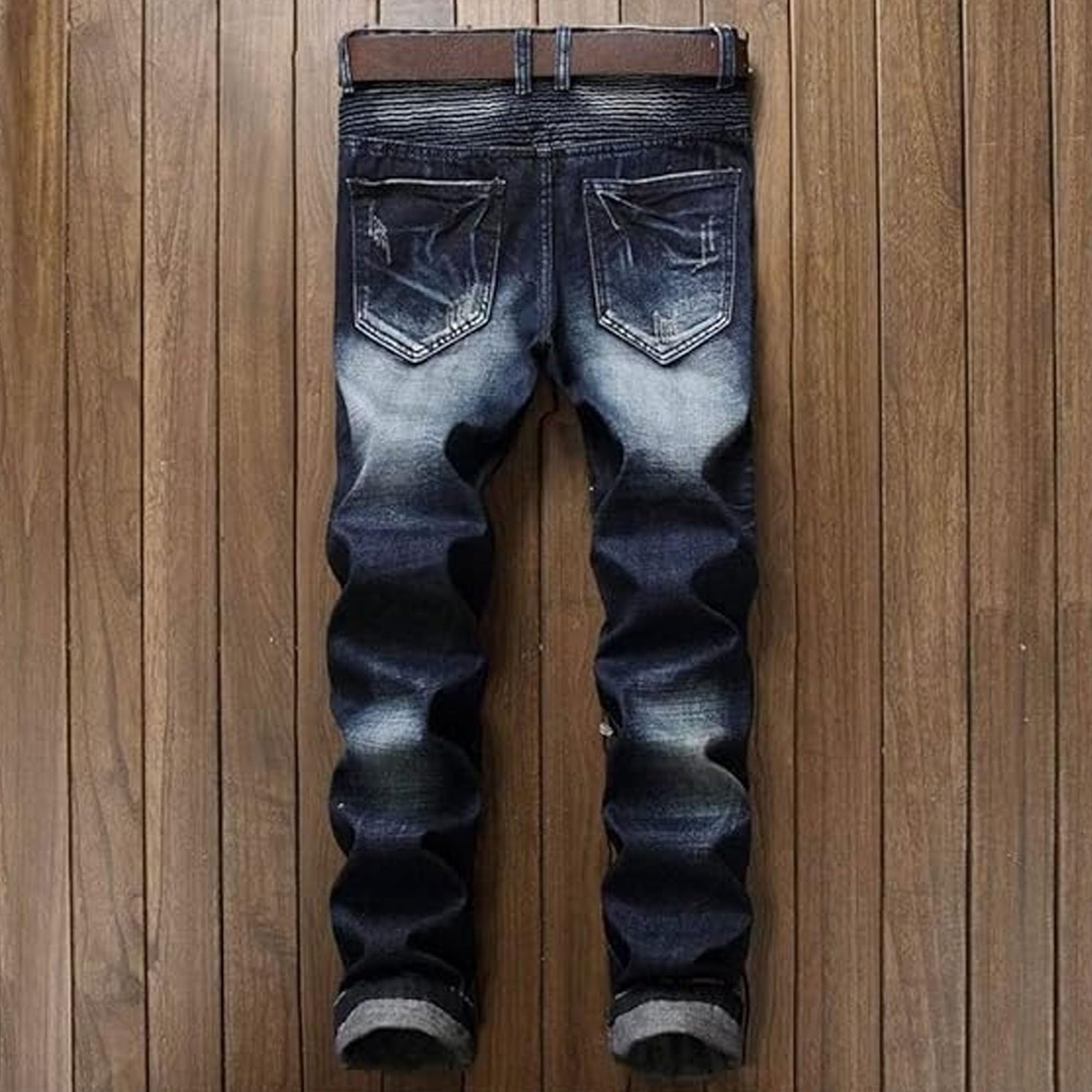 Jeans da motociclista da uomo, con cerniera, effetto lavato, vestibilità dritta, slim fit, jeans classici slim fit, jeans moto lavato
