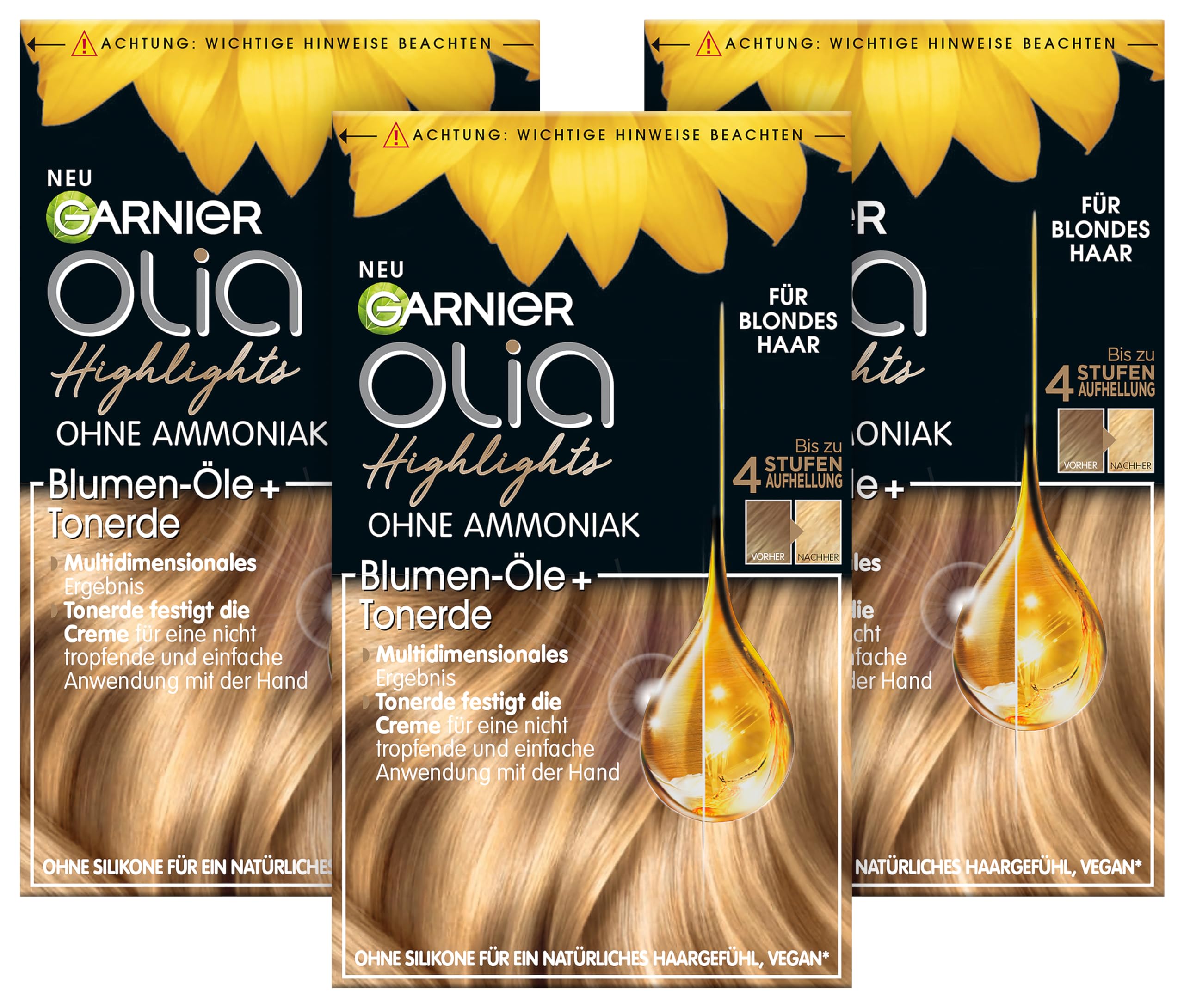 Garnier Set de tinte para mechas y reflejos en cabello rubio, con aceites florales y arcilla, sin amoniaco ni siliconas, hasta 4 niveles de aclarado, olia, rubio, 3 unidades