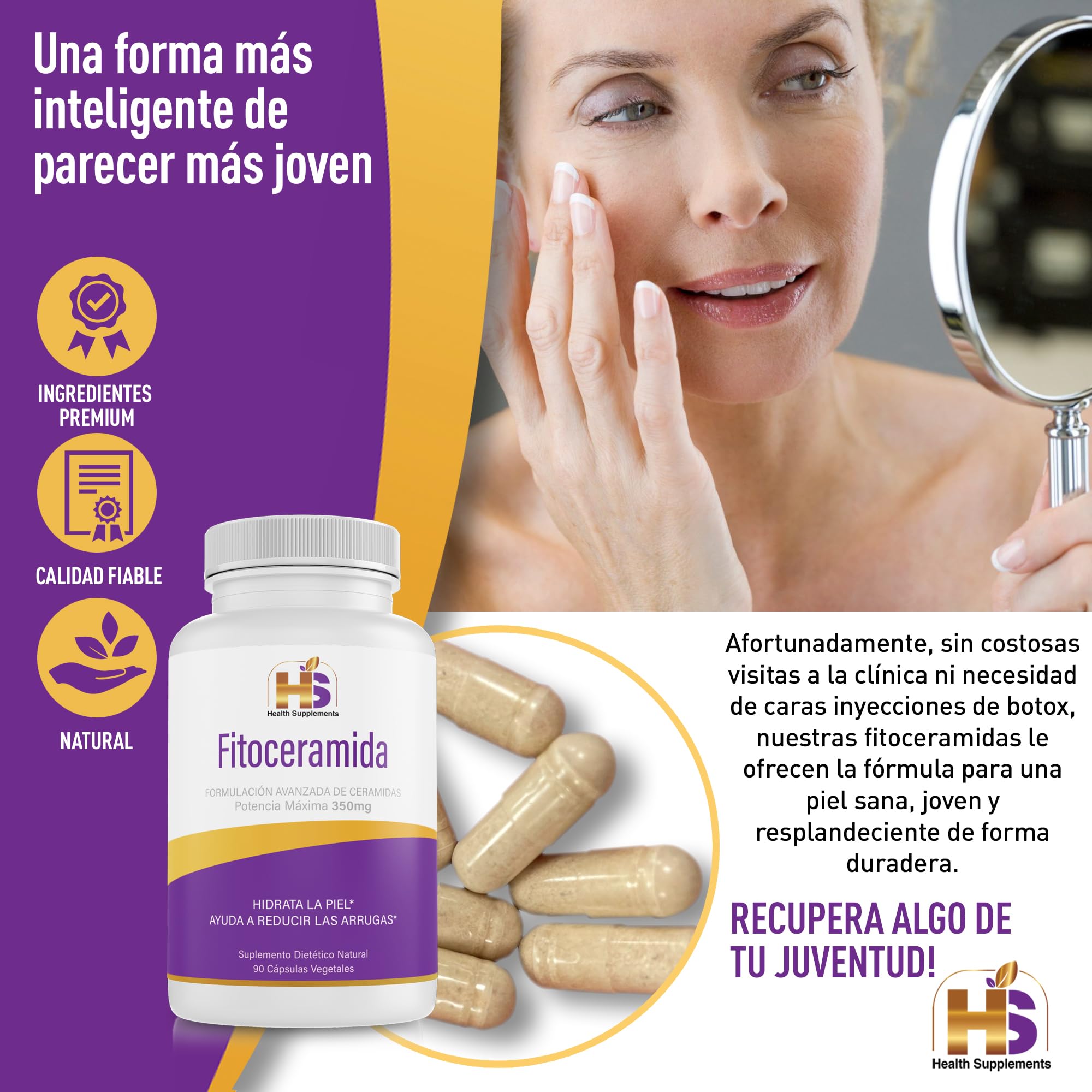 Fitoceramida 350 mg, 90 cápsulas de ceramida de arroz, ayuda a reducir las arrugas e hidratar la piel desde el interior. 100% natural, libre de OGM, sin gluten