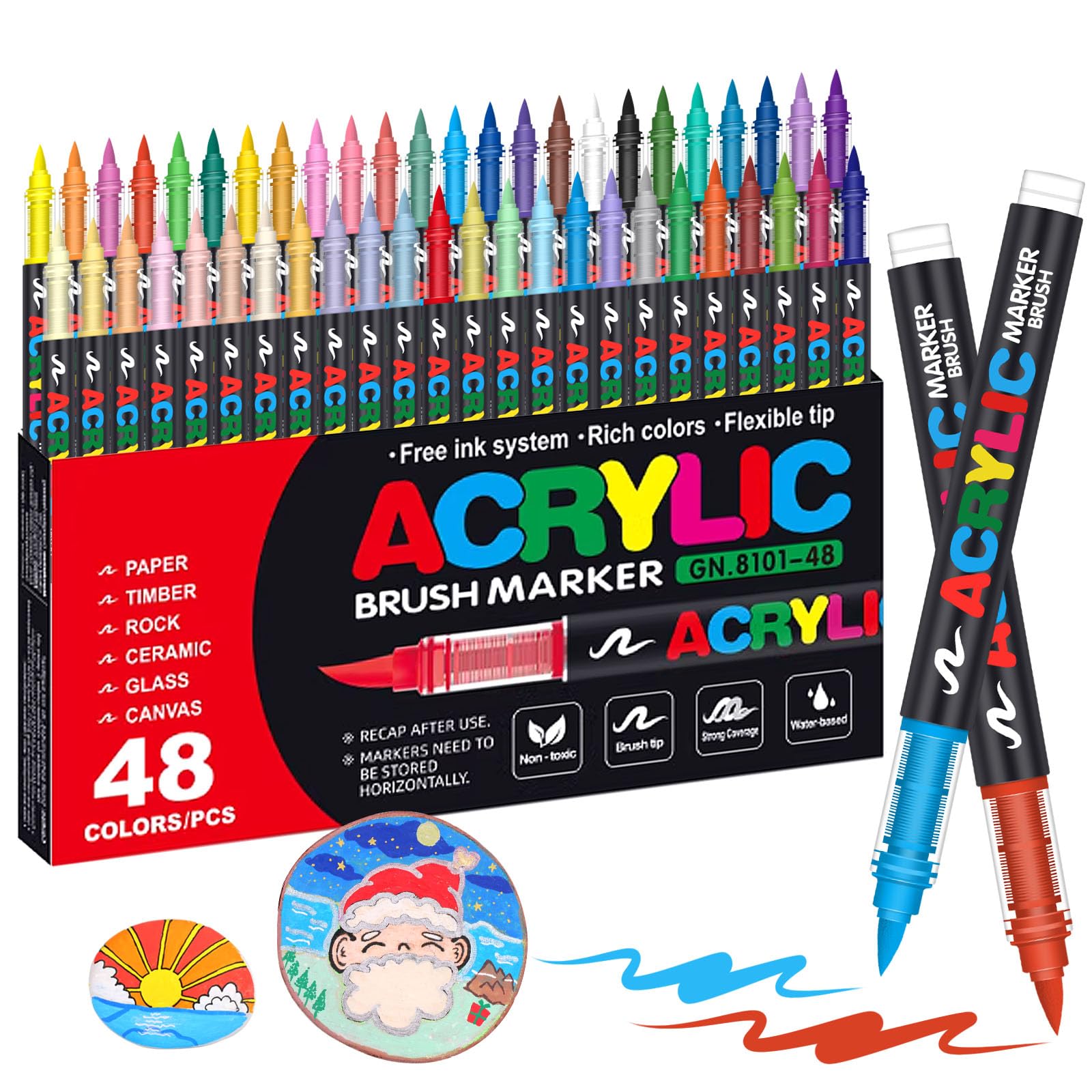 Laconile 48 Colours Accrylic Paint Brush Markers Set -Paint Pens Acrylic Markers for Rock Painting Cermic Glass Stone Metal Fabric, Water-based Acrylic Paint Pens with 1-5MM Flexible Brush Tip