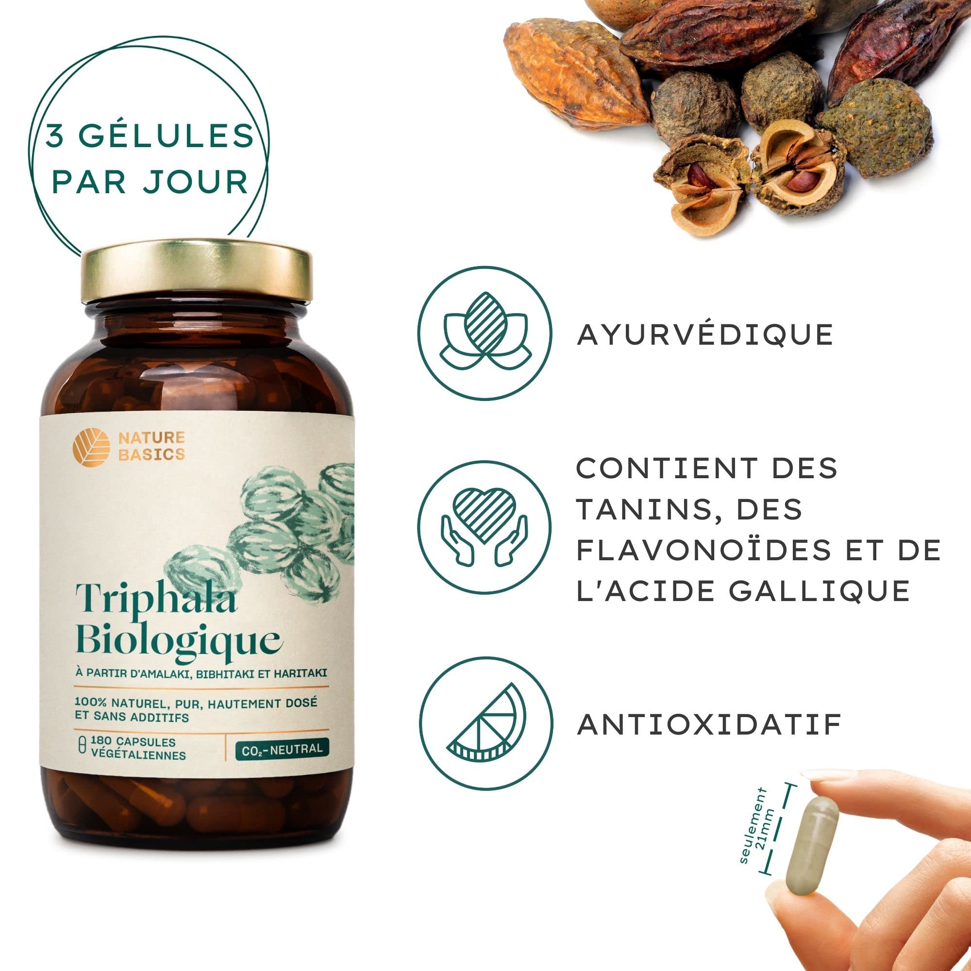 Nature Basics® Gélules de Triphala BIO certifiées & durables en pot | Triphala naturel hautement dosé à 1.500mg par dose journalière | 180 gélules testées en laboratoire & en provenance d'Allemagne