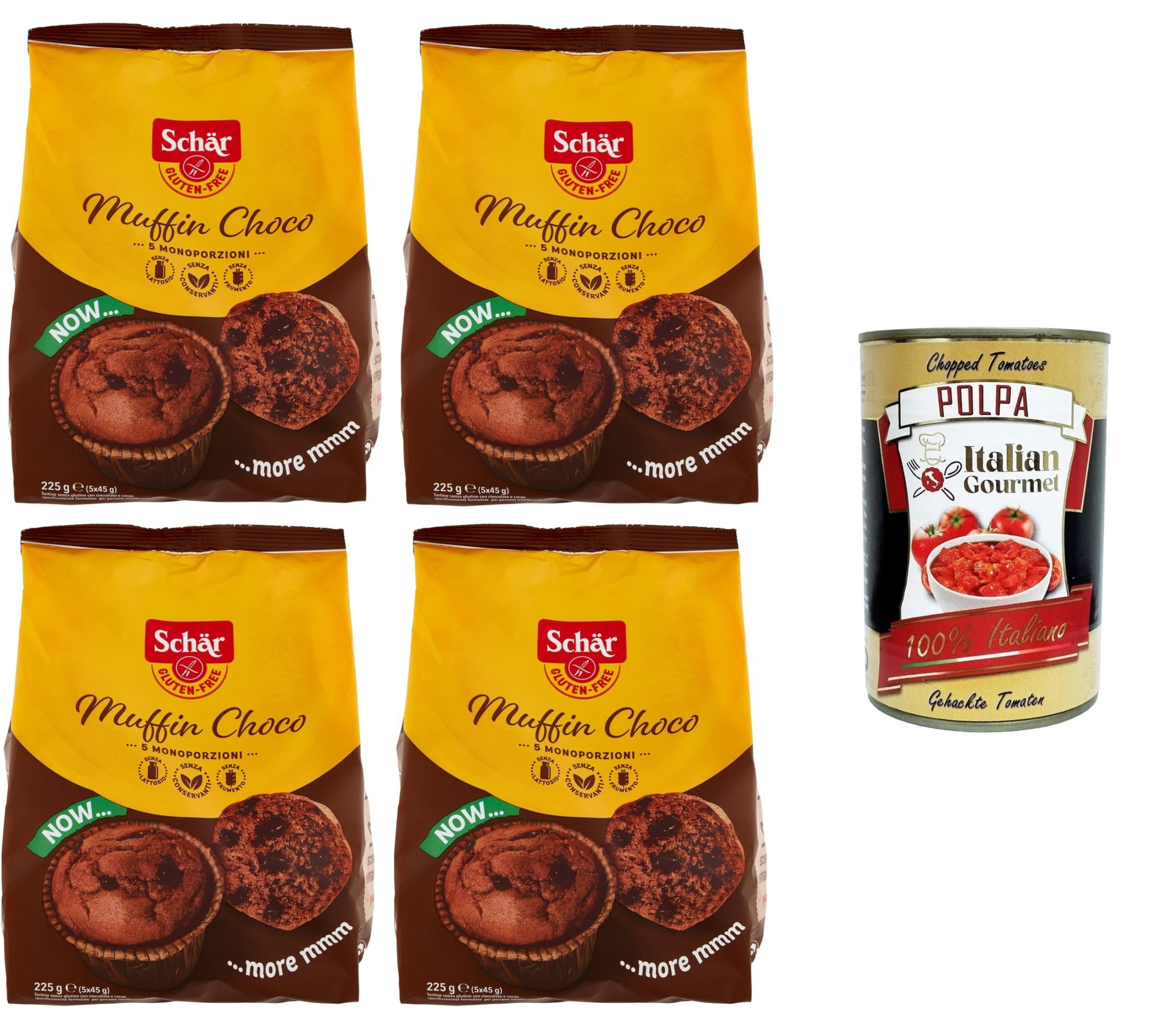 Italian Gourmet Bundle Glutenfreie Schoko Muffins 4x225g + Italian Gourmet Polpa Gratis – Saftige Schokoladen Muffins Glutenfrei – Weiche Kakao Küchlein Snack Frühstück Dessert Kaffeepause Süßes