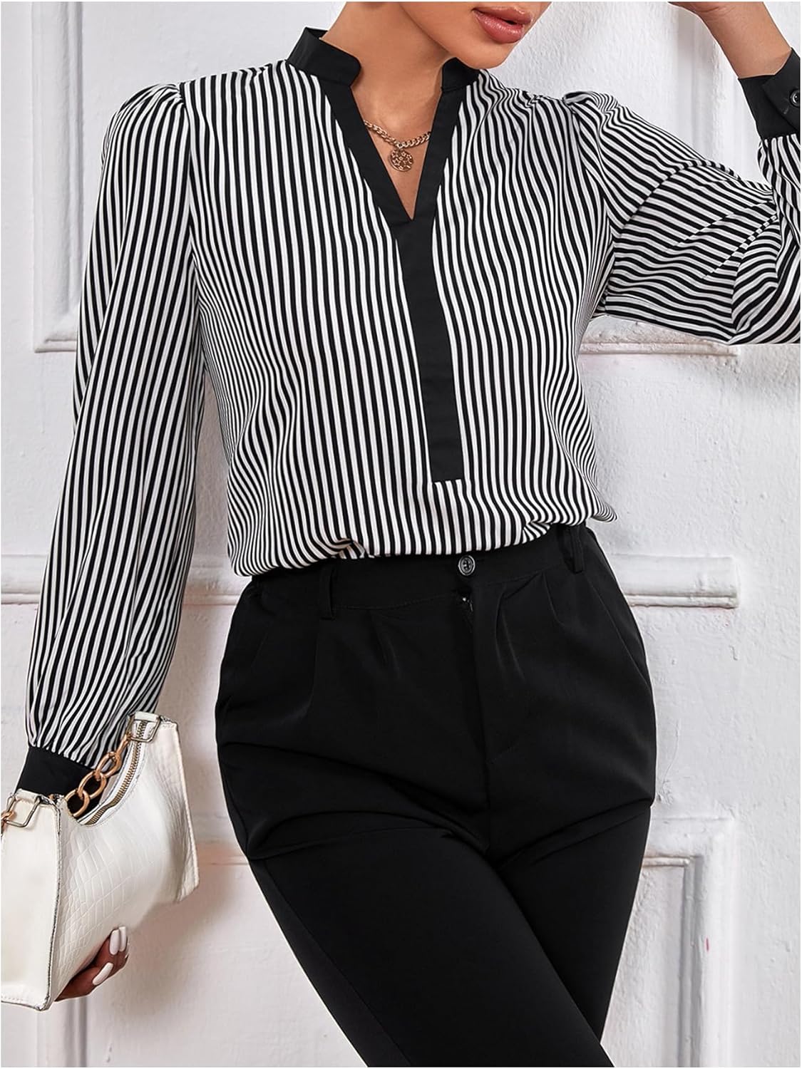 WDIRARA Women's V Neck Blouse Notched Long Sleeve Shirts Work Business Dressy Tops - Image 4