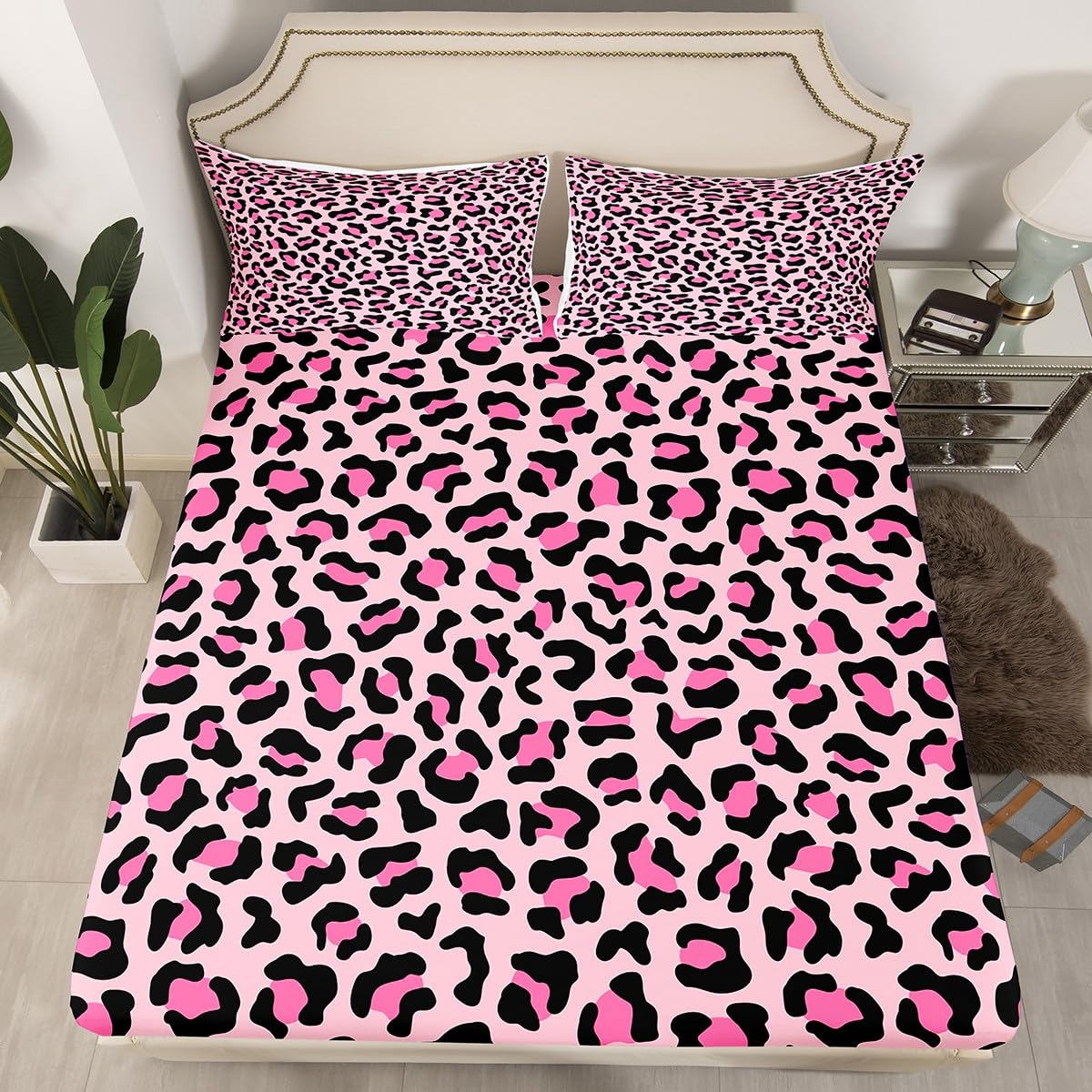 Wild Animal Skin Luxury Fitted Sheet,Full Size African Cheetah Wildlife Fur Collections,Pink Leopard Print Bedding Deep Pocket for Children Teens Young with 2 Pillowcases(No Flat Sheet)