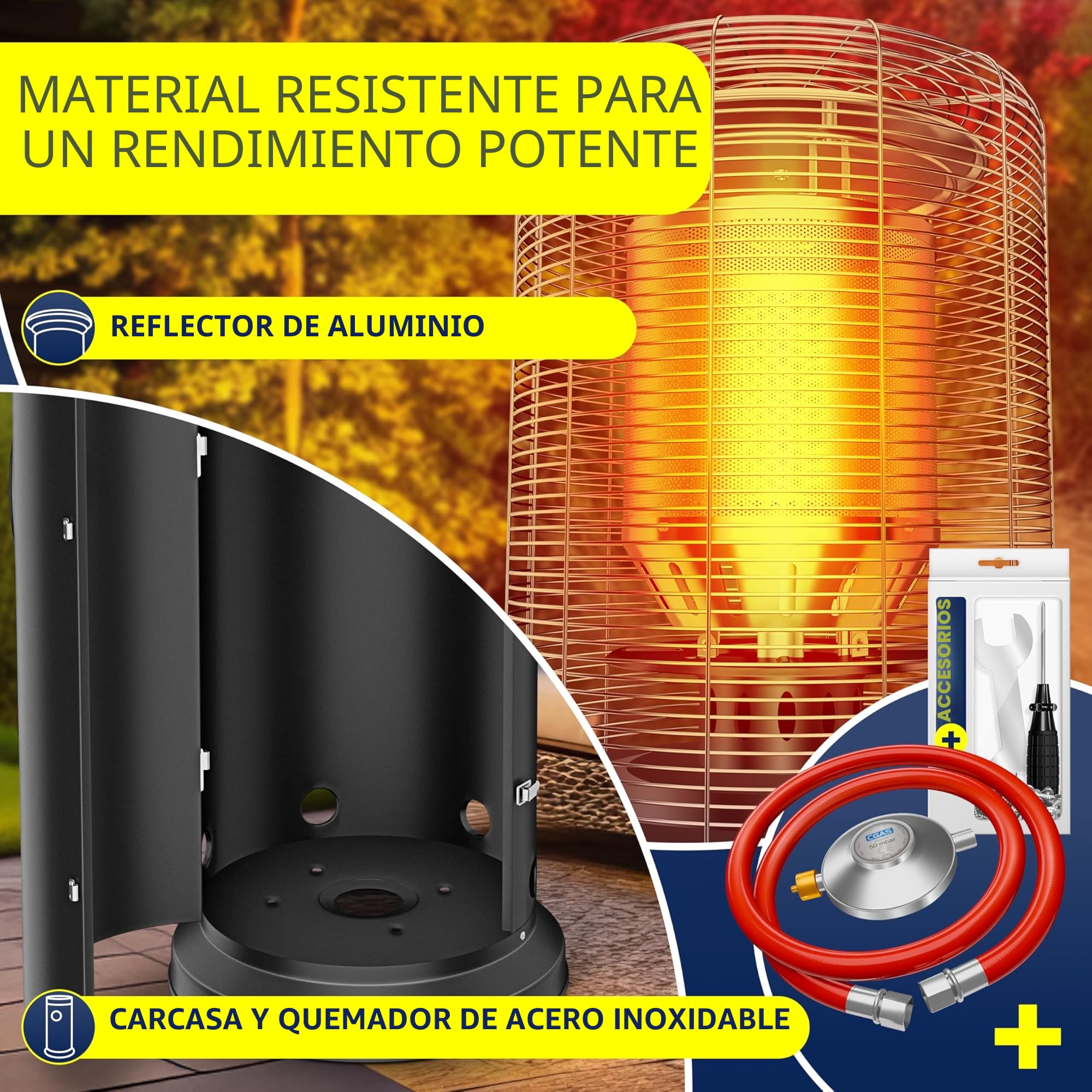 KESSER® Calefactor radiante de gas KE12, calefactor de patio, de exterior, 12,5 kW de gas, radiante, incl. cubierta projoectora acero inoxidable, negro