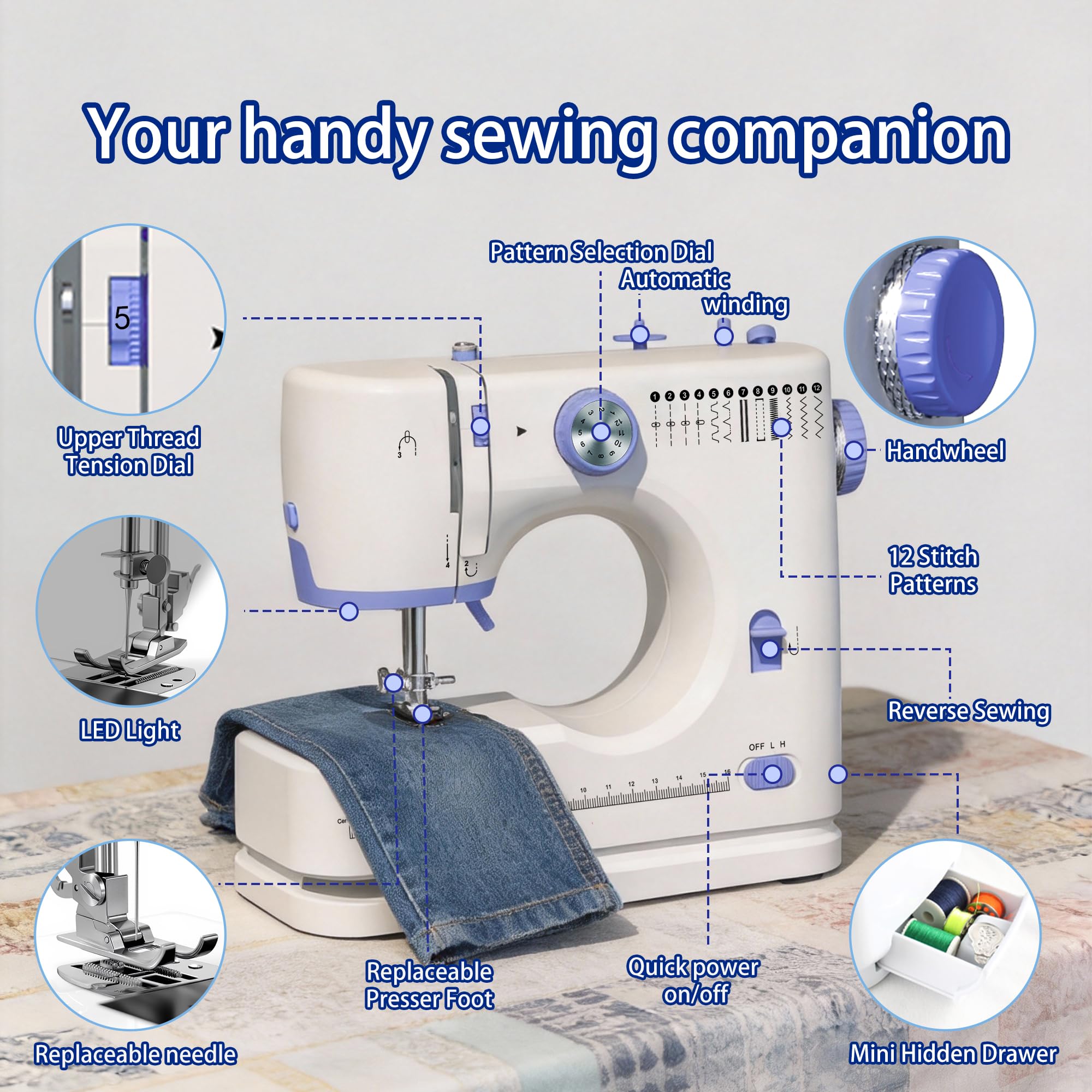Stoigeld - Máquina de coser para principiantes con 20 piezas de tela y 32 piezas. Agujas 10 piezas/1 bolsa. Kit de hilos de coser, máquina de coser portátil con 12 puntadas integradas y 2 velocidades