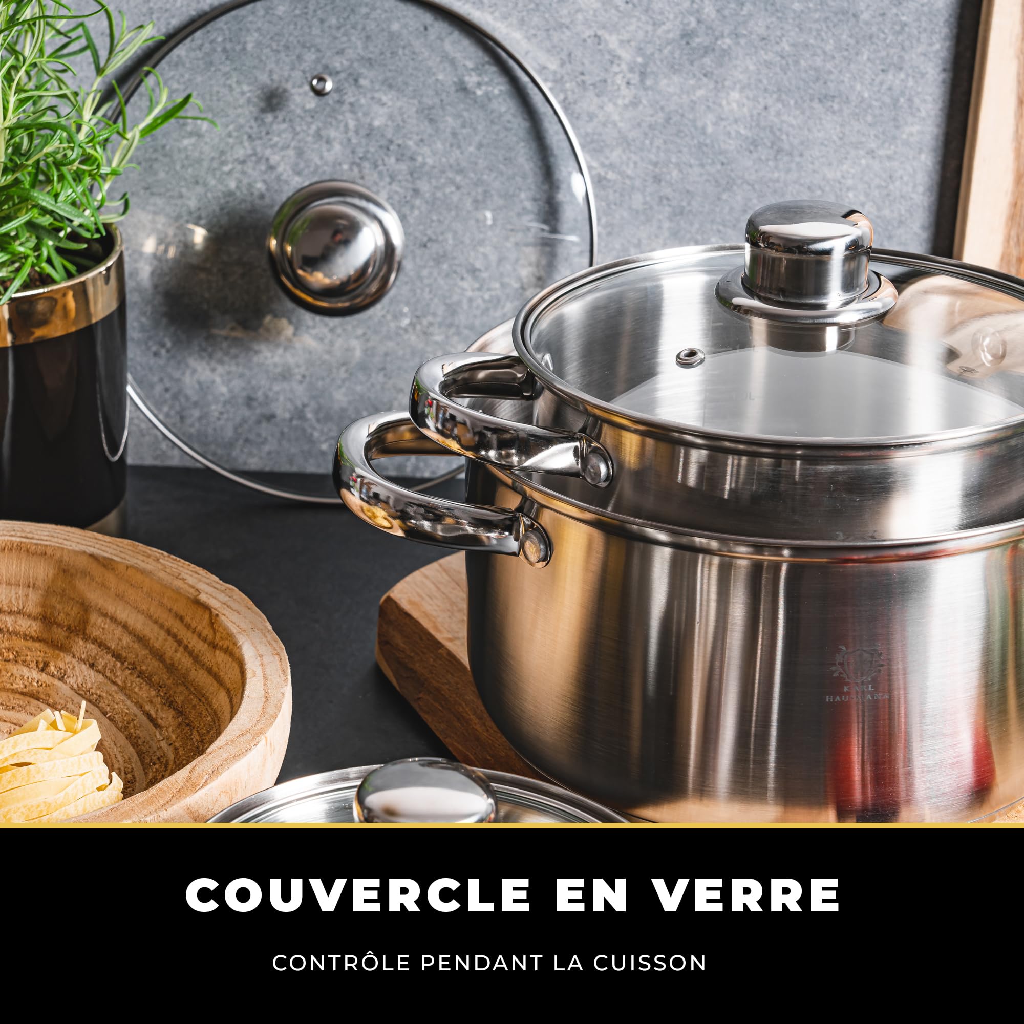 KARL HAUSMANN Lot de 4 Casseroles Induction Inox - Avec Couvercle Verre - Sans Revêtement - Compatibles Cuisinière, Gaz, Électrique - Graduation Intégrée - Set Casserole Tout Feux Cuisine