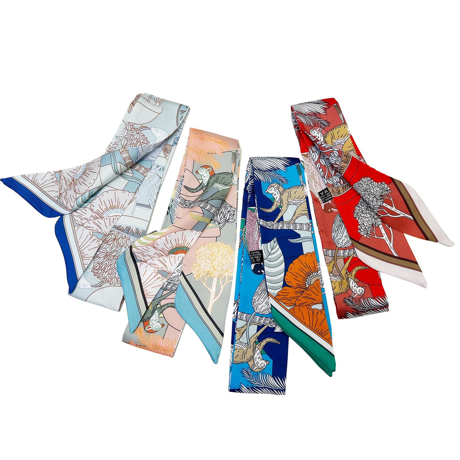 4pcs Purse Scarf Fashion Handbag Handle Ribbon Lightweight Scarf Head Hair Ribbon Skinny Scarf For Women, Forests and Animals, Medium