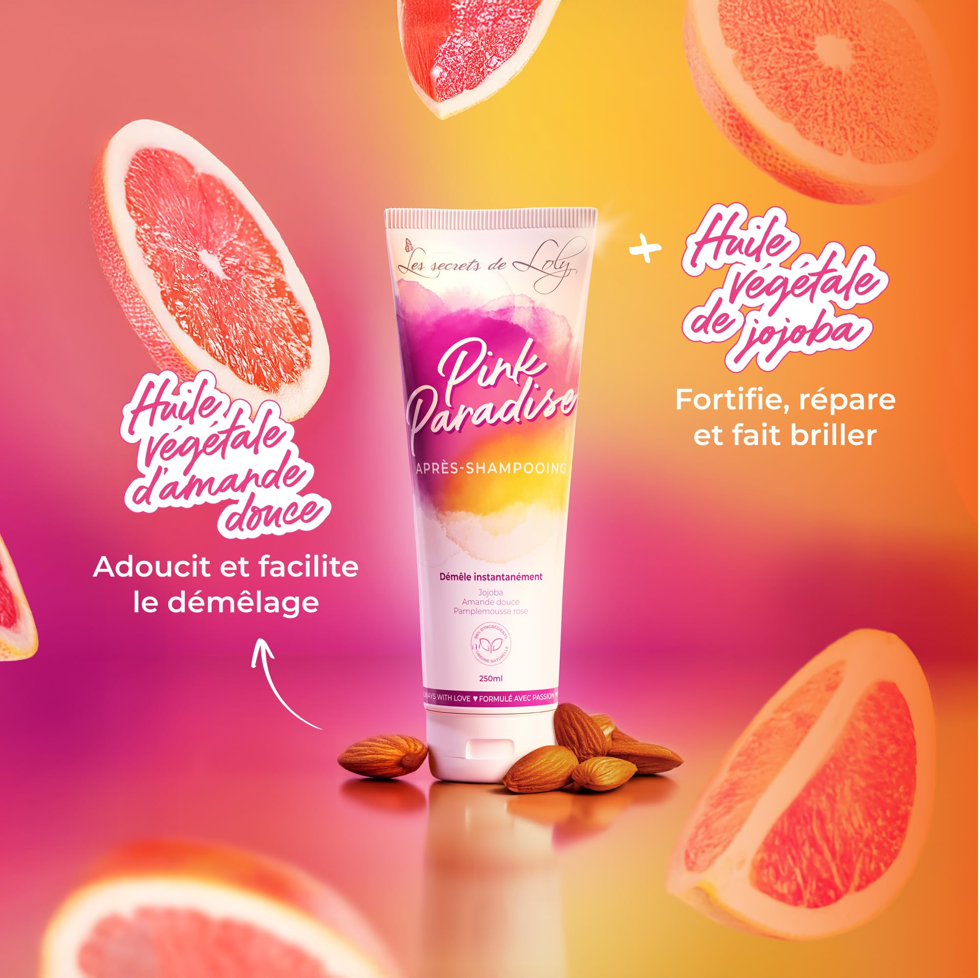 Les Secrets de Loly – Pink Paradise – Après-shampooing ultra démêlant Fortifie & adoucit – Cheveux ondulés, bouclés, frisés et crépus – +98% d'origine naturelle – 250 ml