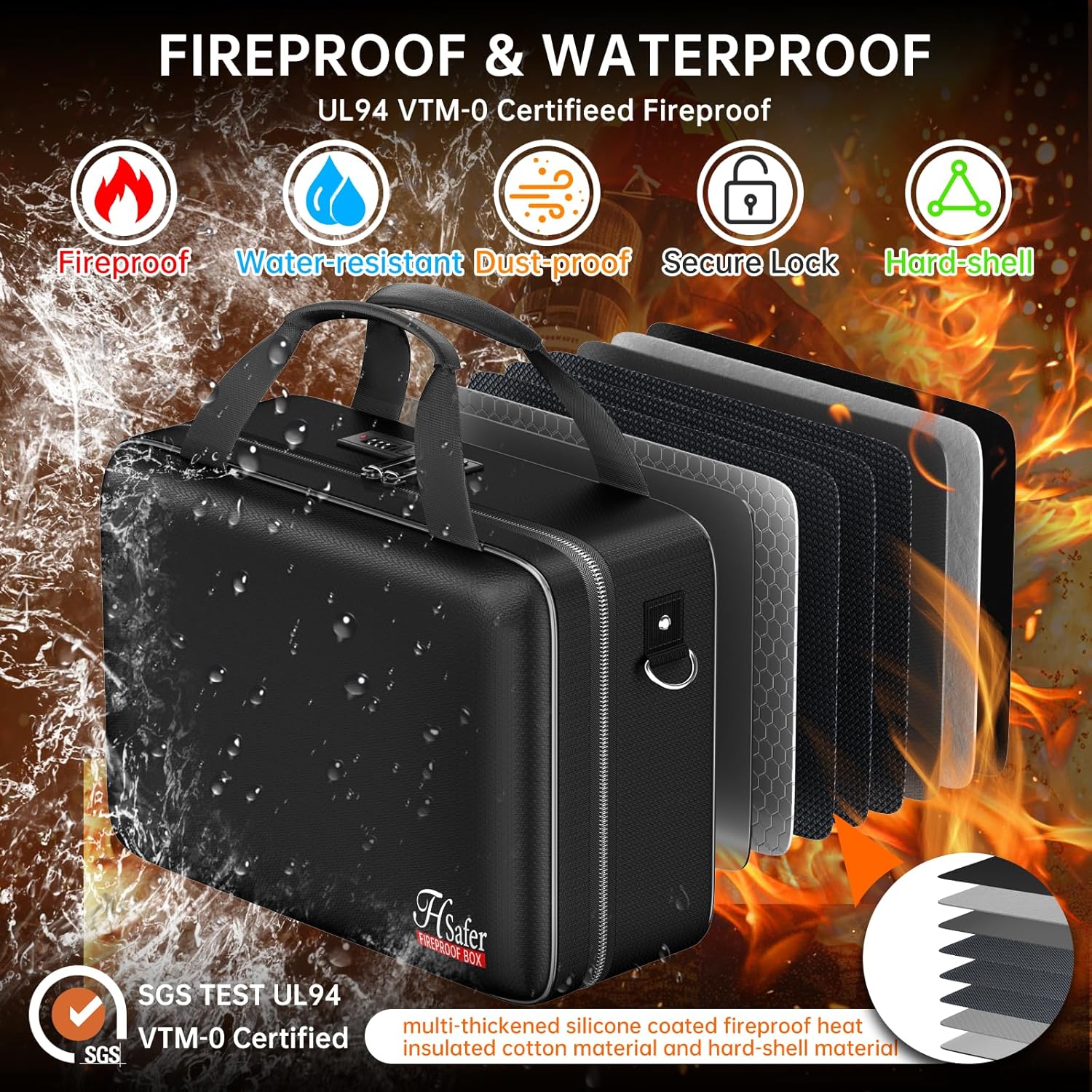 5200℉ Fireproof Document Box with lock, Hard-Shell Case File Organizer with 24 Pocket Accordion File Folder, Portable Safe Box with Shoulder Strap for Home Important Documents Laptop Black
