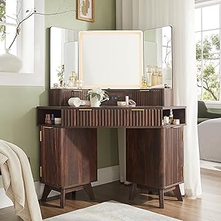 T4TREAM Fluted Makeup Vanity Desk with 3 Way Mirror and Lights, 48