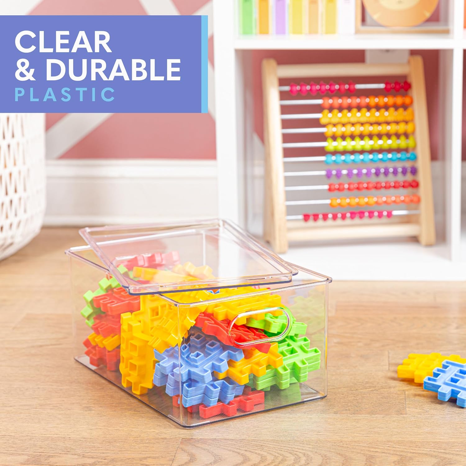 Plastic Clear Stackable Storage Bins with Lids. Great for Pantry or Kitchen Organization. Fridge Organization Containers. Cabinet, Bathroom Organizer. 4 Pack