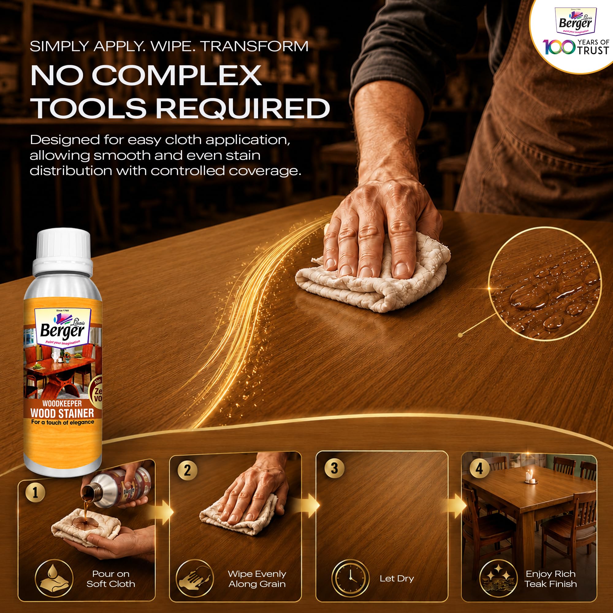 Berger Wood Keeper Oak Yellow Wood Stain with Leakproof Bottle & Easy Cloth Application Transparent Solvent-Based Stainer for Home Office Furniture Surfaces Shine and Finish (Pack of 1, 500ML) 2