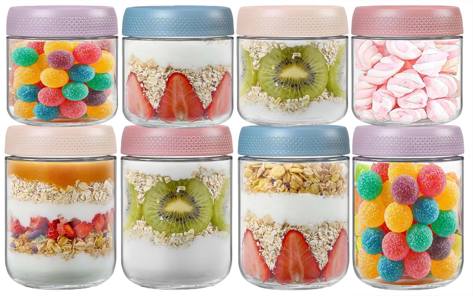 Tempfoo Multiple Colors Overnight Oats Jar Container Set 8, Glass Mason Jars With Lids, 4Pc 480Ml And 4Pc 360Ml Cereal Milk Vegetable Fruit Salad Jam Protein Porridge Clear Storage Containers, Breakfast Pots With Lid