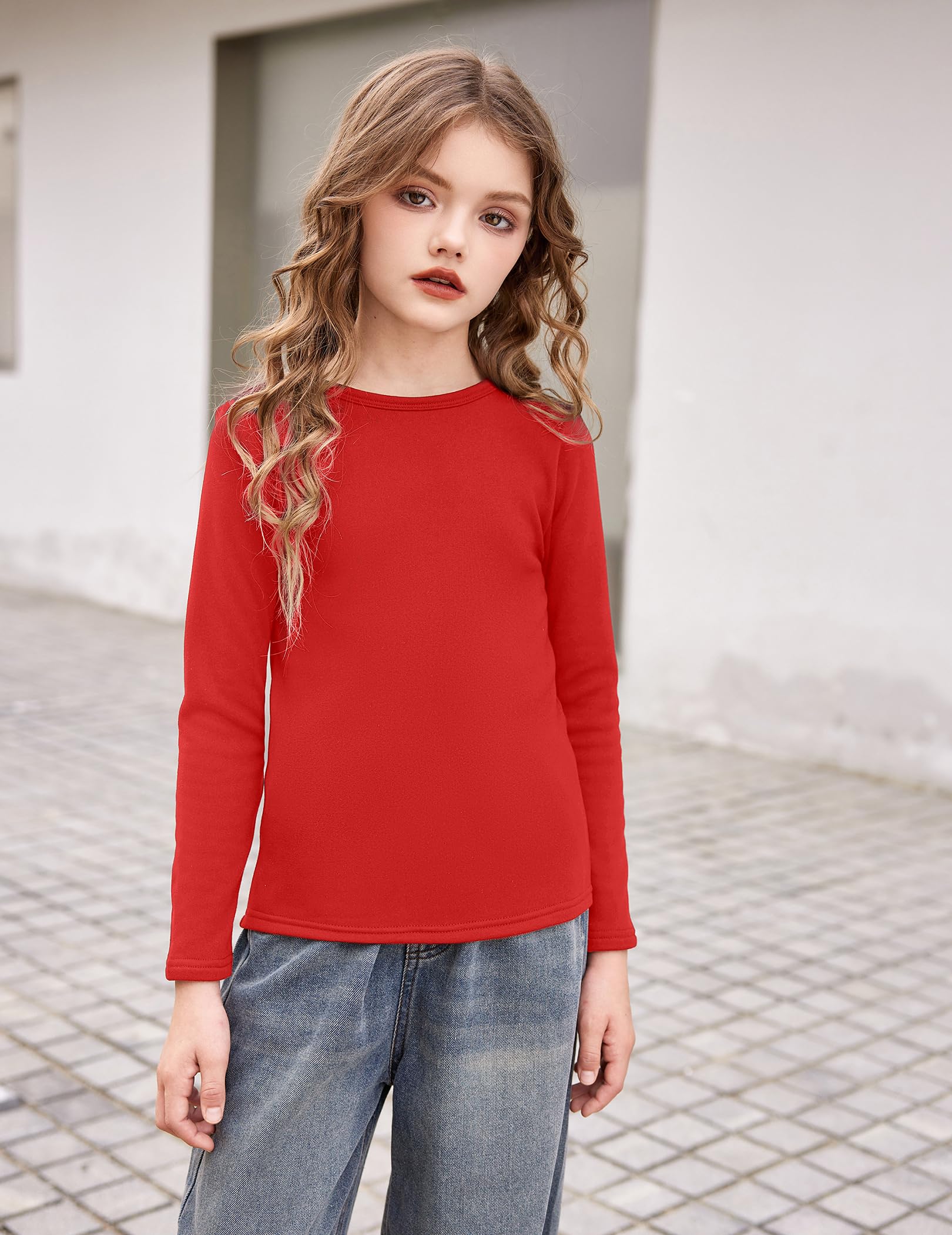 Arshiner Maglietta a Maniche Lunghe da Bambina Girocollo Interno in Pile Top Tinta Unita Pullover Basic Felpa Termica Casual per Bambini Abbigliamento per Bambini 5-12 Anni
