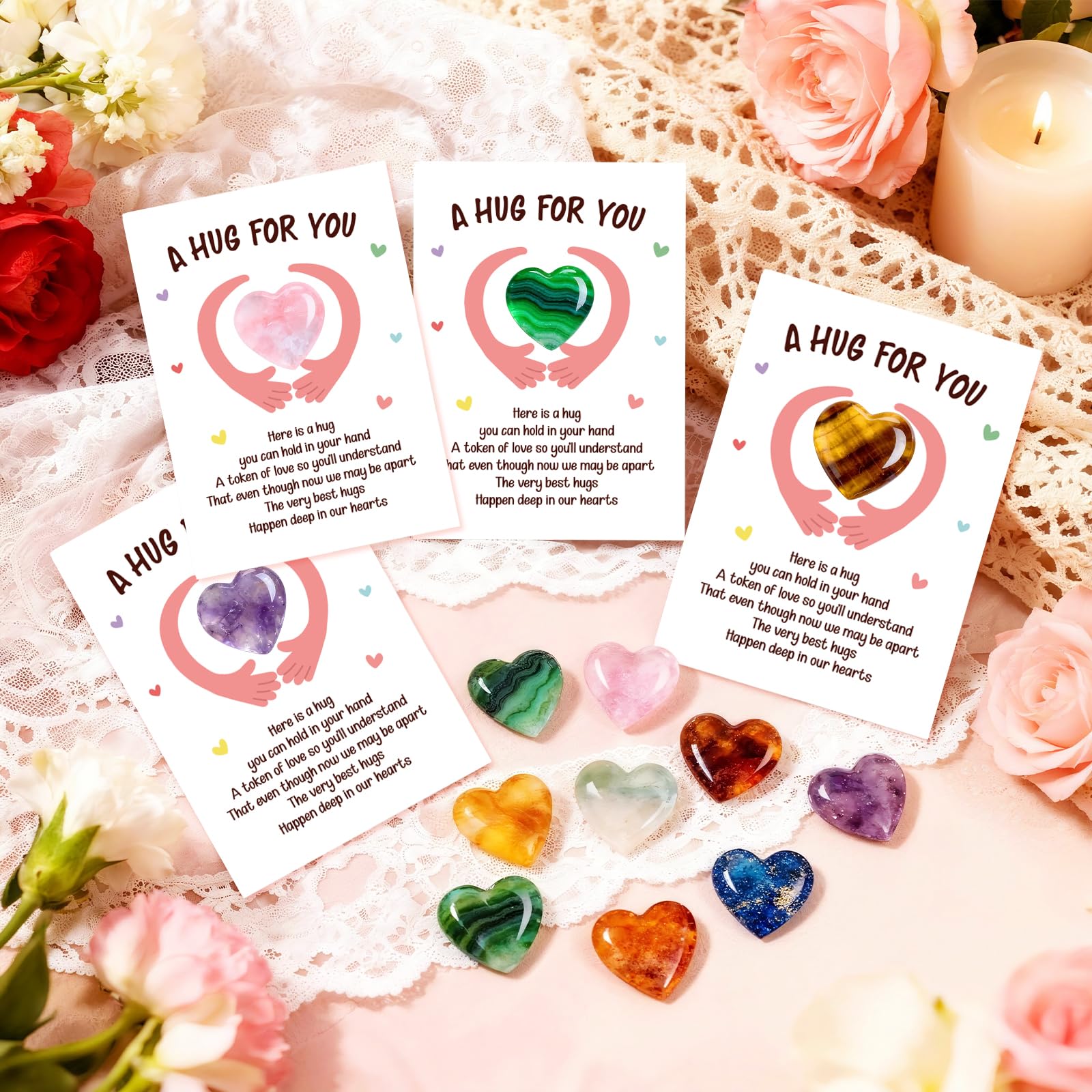 WenmthG 60 Sets Heart-Shaped Stones Pocket Hug Token Bulk Gift Card for Women Men - Valentines Day Gemstones Gifts Exchange for Kids - Christmas Party Gift for Boys Girls Friends Classroom Colleague