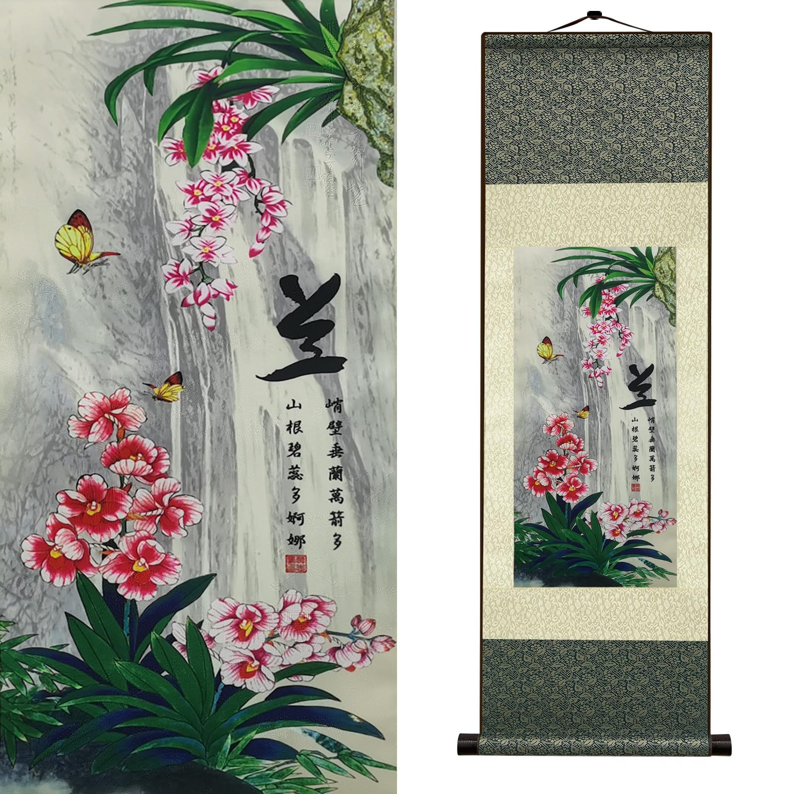 Newscz Bedroom Wall Art Silk Scroll Wall Painting Four Gentlemen Wall Tapestry Living Room Asian Chinese Art Wall House Decoration for Living Room Home Lounge Decor 36 by 12 in(Cymbidium)