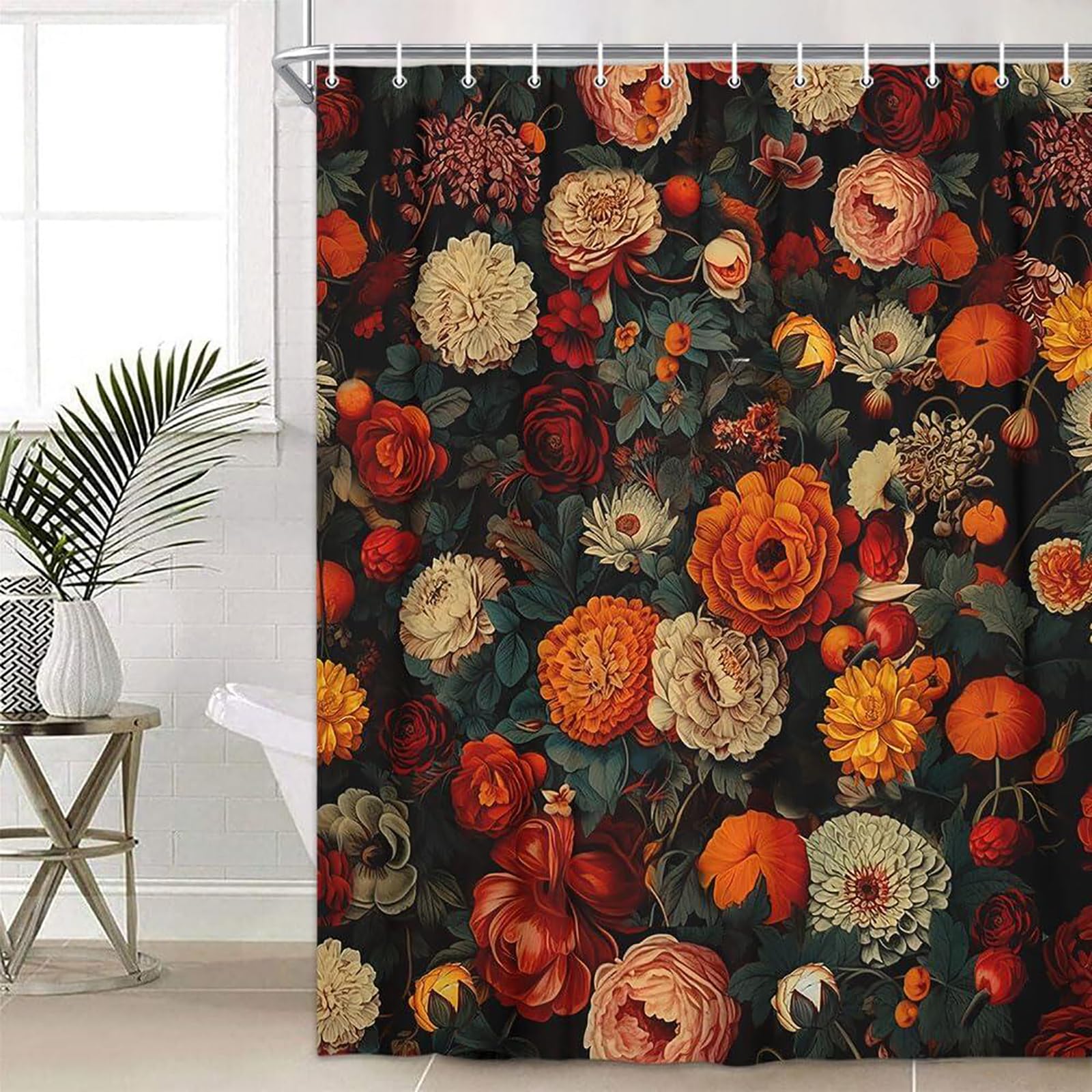 Drgilau Floral Shower Curtain, Vintage Floral Shower Curtain Set Red Flower Plants Bathroom Curtain, Boho Floral Shower Curtain Set with Hooks for Bathroom Decor 60X72 Inch