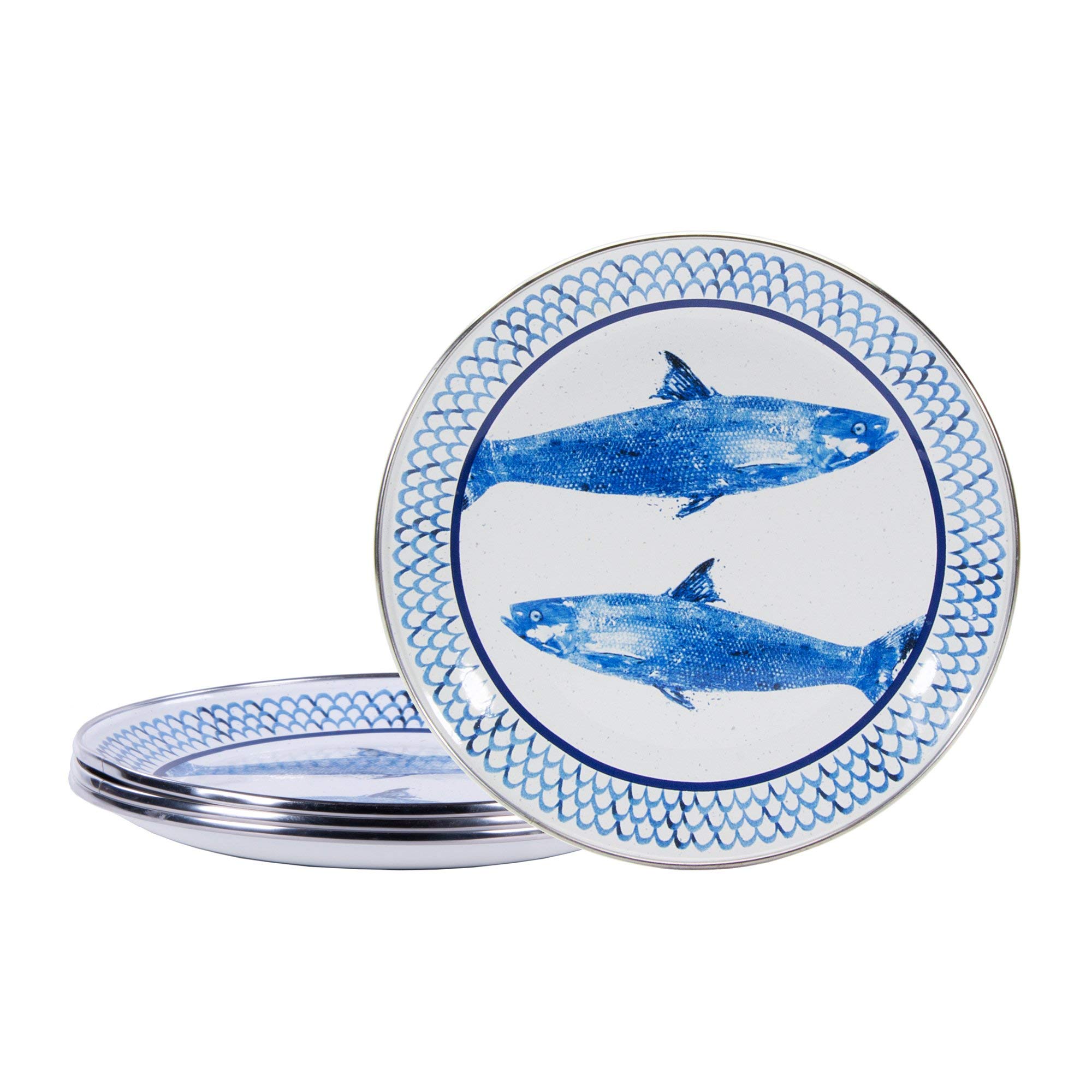 Golden Rabbit Enamelware Sandwich Plates, 8.5 inch, Fish Camp, Set of 4