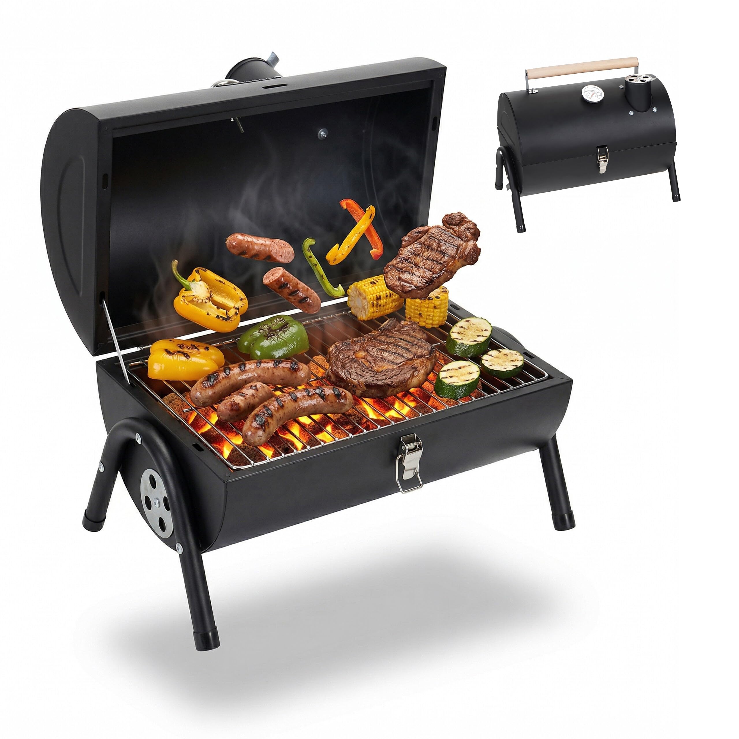 Relaxdays Grill da Campeggio, 2 vaschette Carbone, termometro, sfiato, Nero | 35 x 41 x 29 cm, grill da tavolo portatile