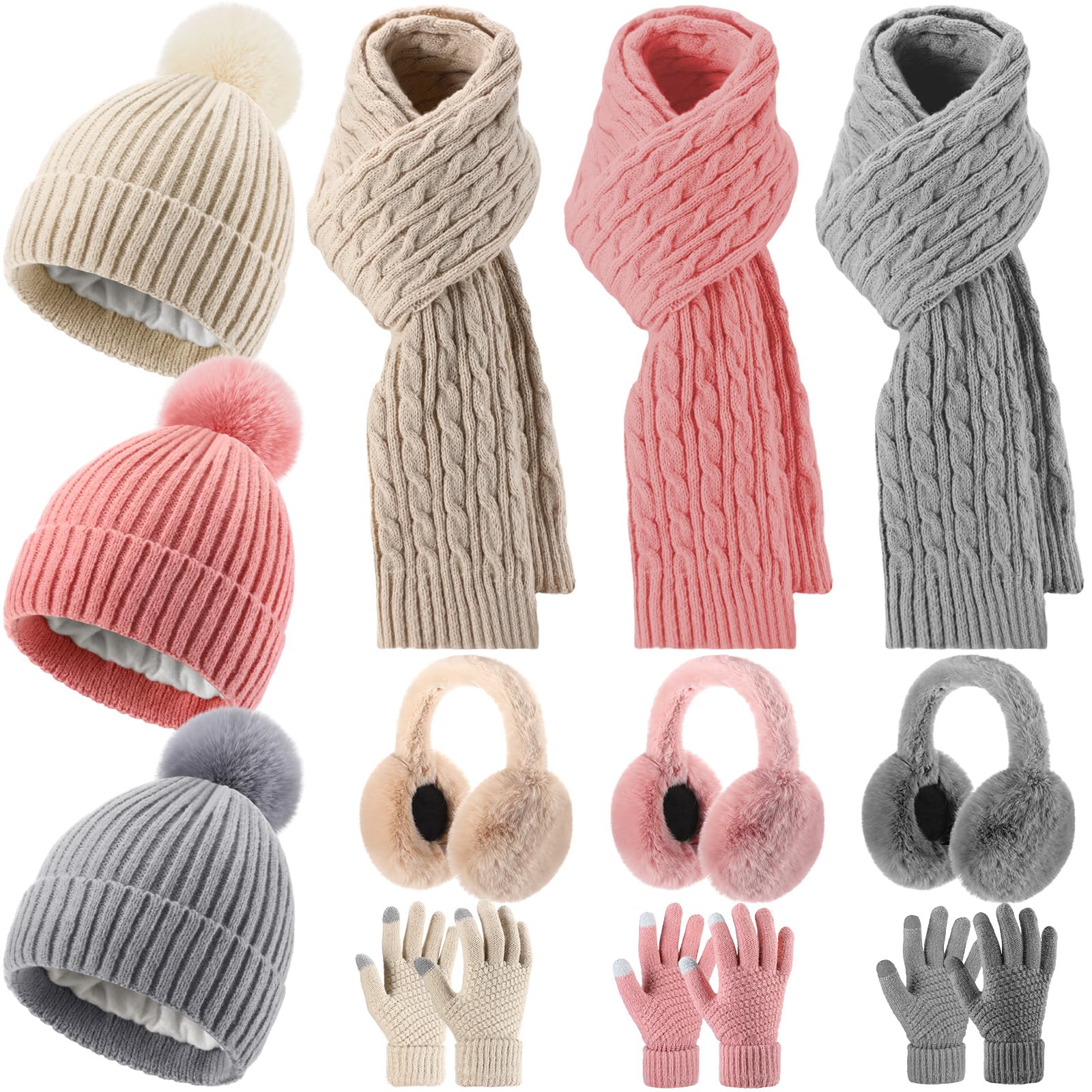 12 Pcs Winter Hat Gloves Scarf Earmuff Set Beanie Pompom Fleece Lining Hat Touch Screen Gloves Knitted Scarf-image-42