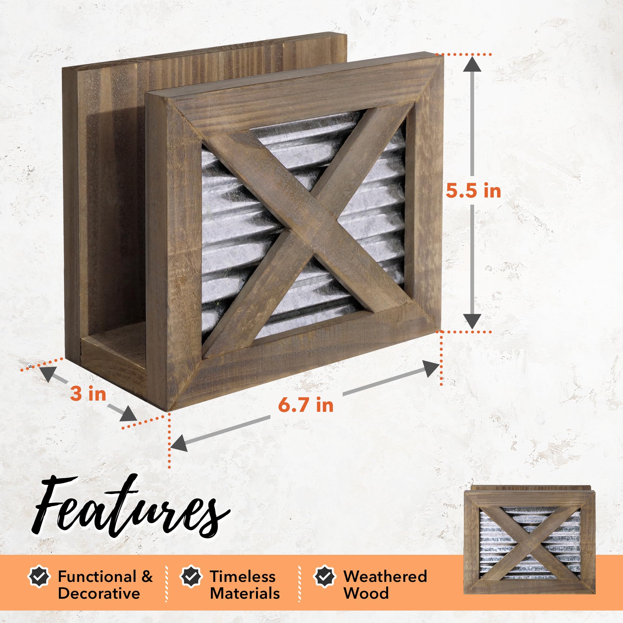 Servilletero rústico para puerta de granero de Autumn Alley | Madera marrón cálida y metal corrugado galvanizado para añadir encanto a tu mesa