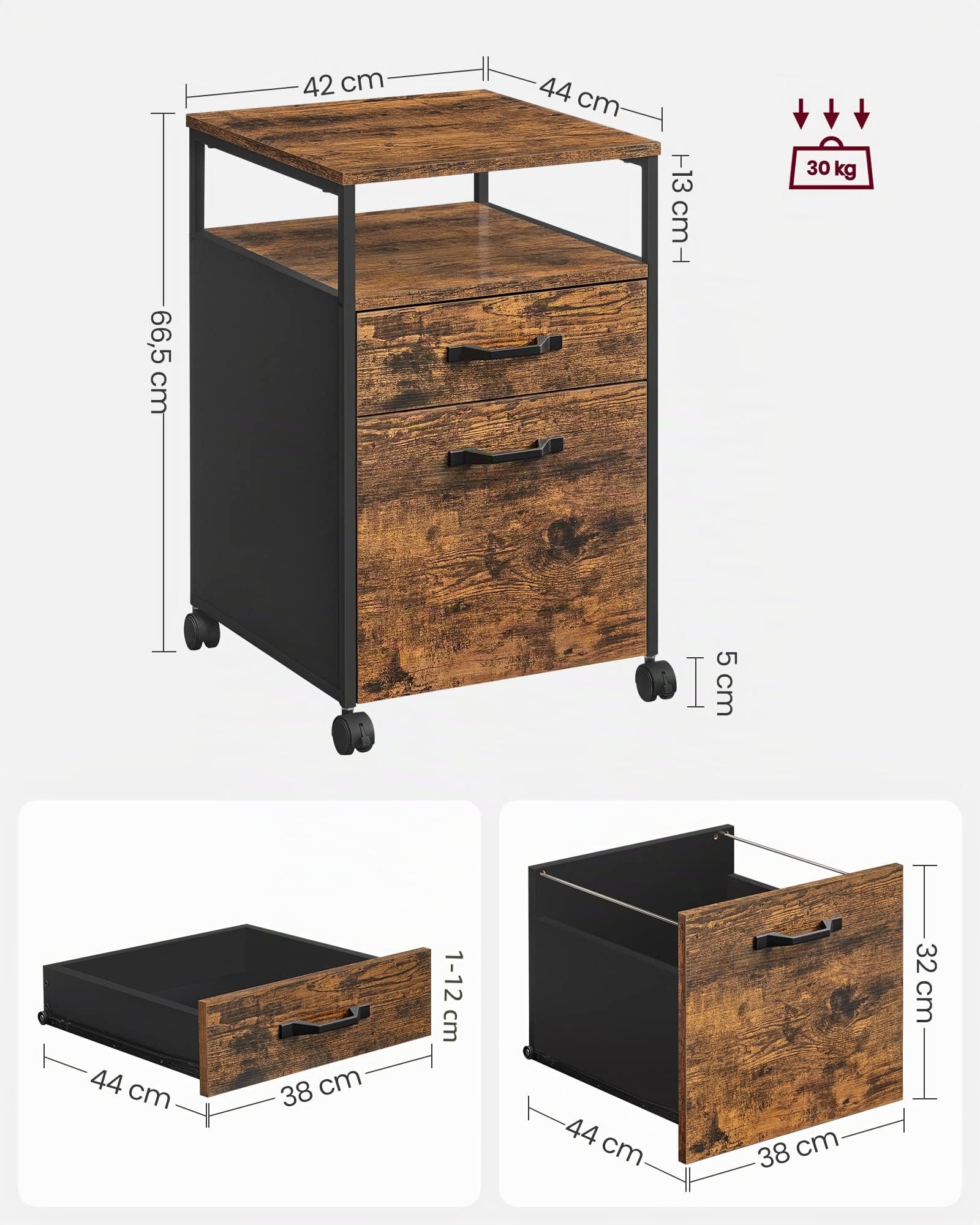 VASAGLE Schedario con 2 Cassetti, Mobile per Ufficio con Ruote, Ripiano Aperto, Struttura in Acciaio, Stile Industriale, Marrone Vintage e Nero Inchiostro OFC71X