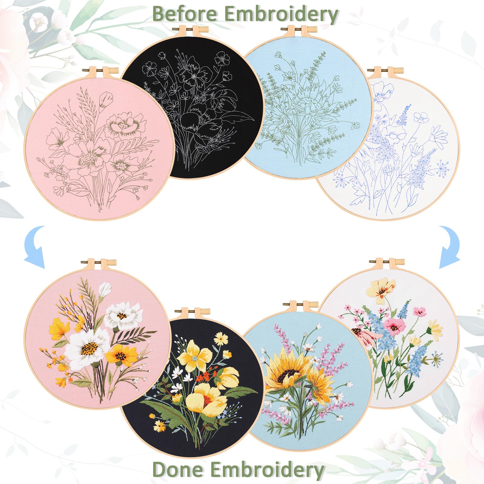 Allazone Lot de 3 kits de broderie floral, aiguilles à poinçonner, enfile- outils, tissu, fil, cercle à broder