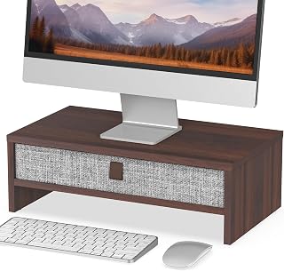 Fenge Monitor Stand with Drawer, 42.5cm Computer Monitor Riser, Desk Organizer for PC/Laptop/Printer, 42.5×23.5×14.2cm, 20kg Load (Brown)