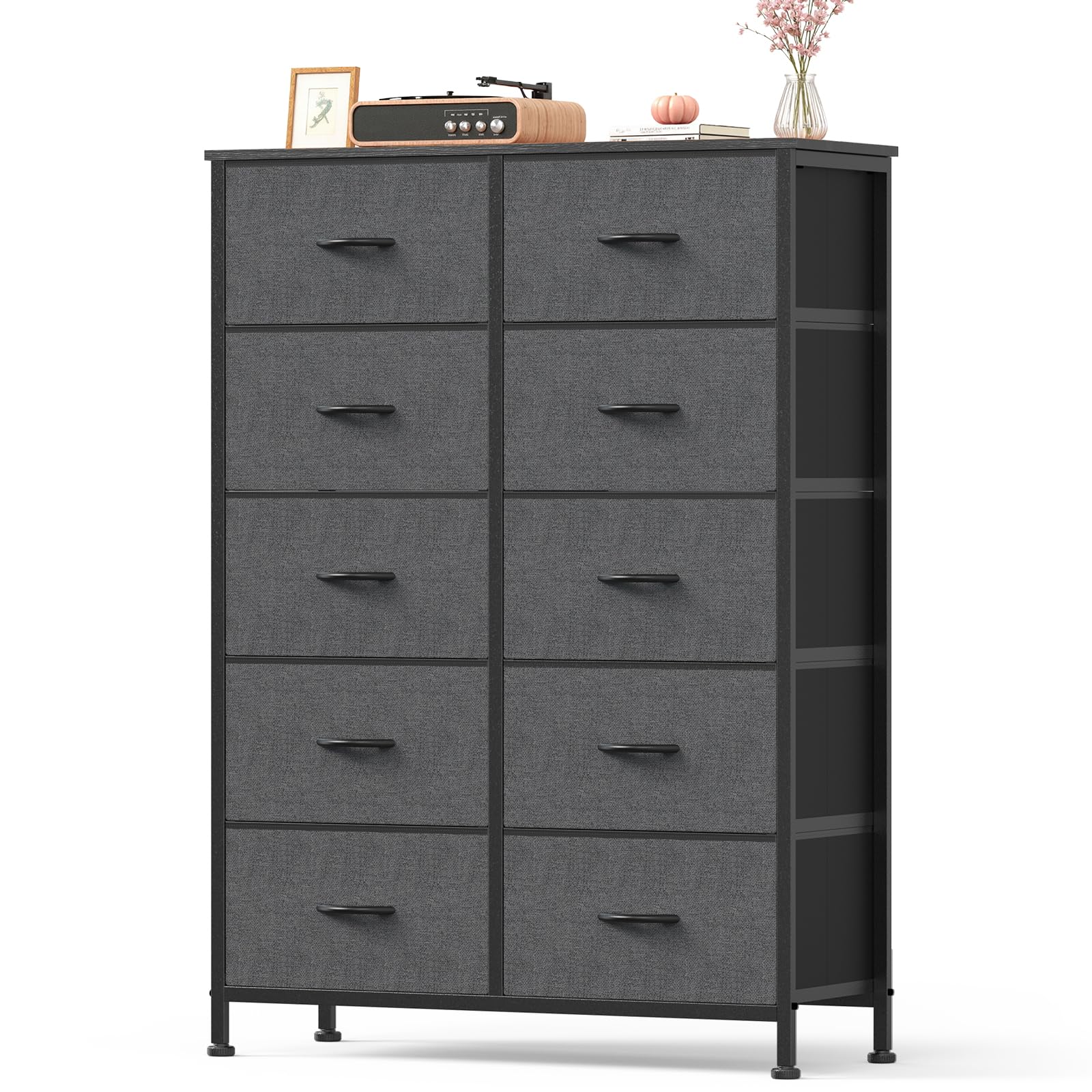 Atilioo Dresser for Bedroom with 10 Drawers, Anti-Tip Tall Fabric Chests Storage Organizer Tower Furniture with Wooden Top Metal Frame for Clothes,