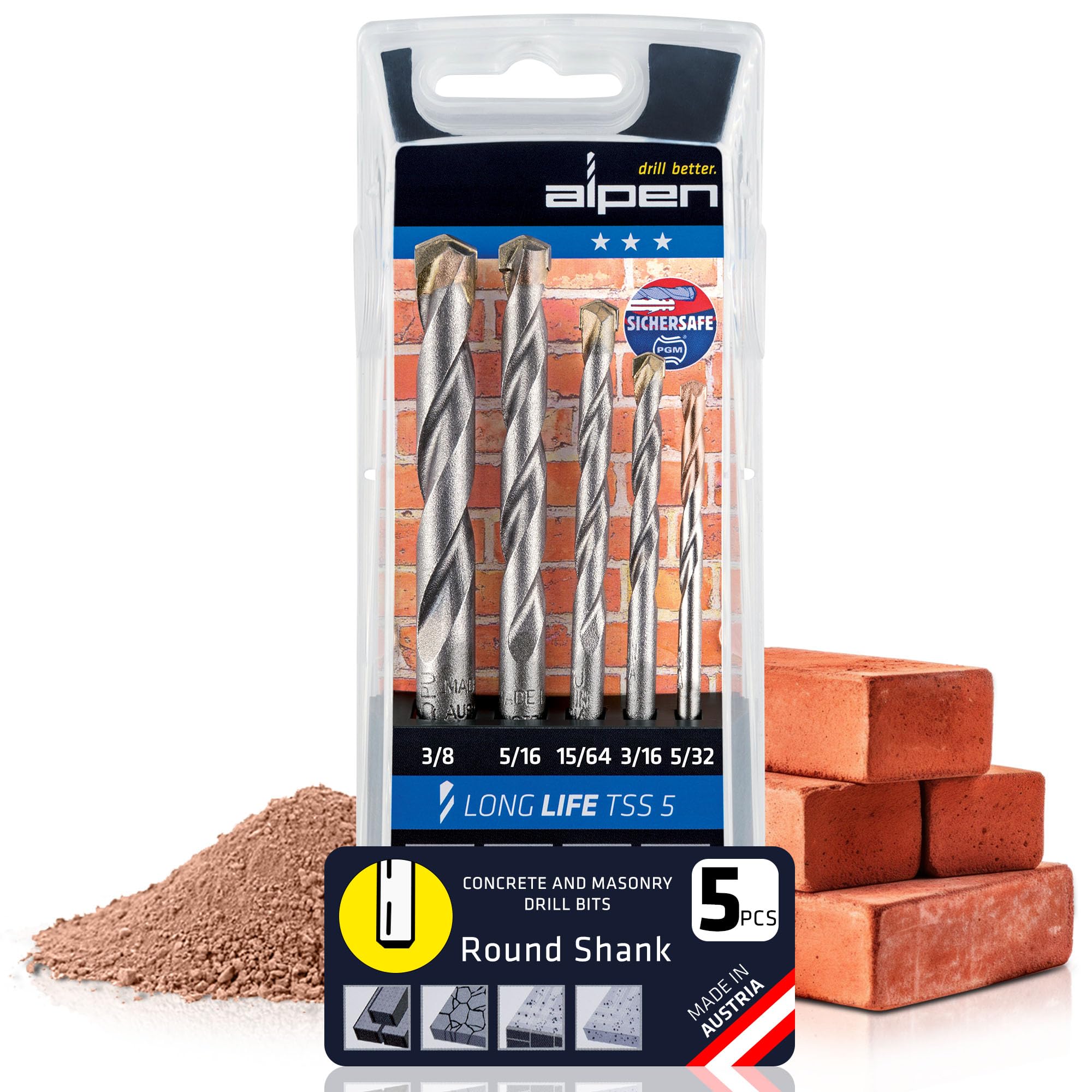 Alpen 5 pcs Drill Bit Set Longlife for Stone, Masonry and Concrete - Versatile SDS-Plus Hammer Drill Bit Sets for PGM Certified Precision and Precise