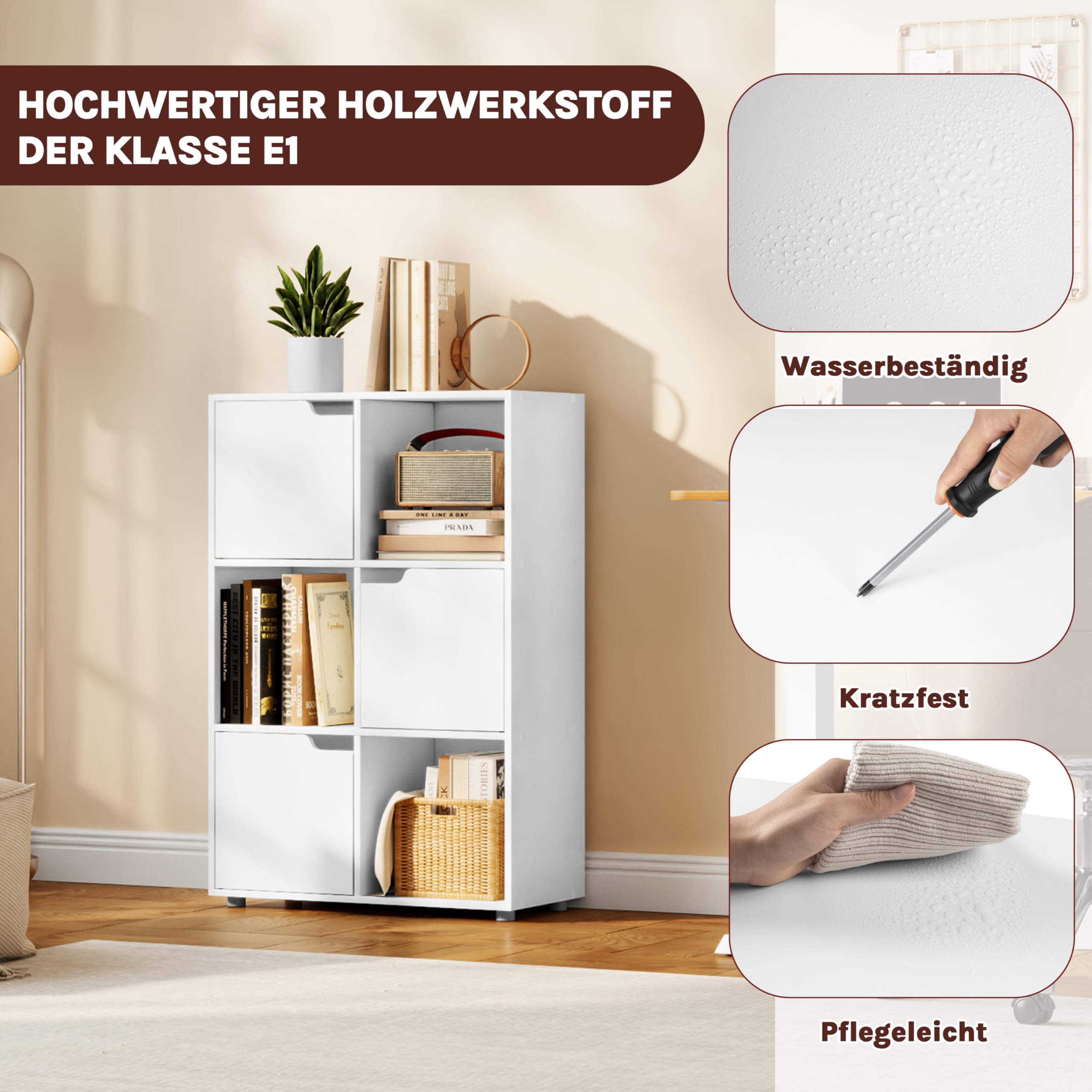 WOLTU Bücherregal mit 3 Türen und 6 Fächer, 59,6 x 91 x 29 cm (B x H x T)