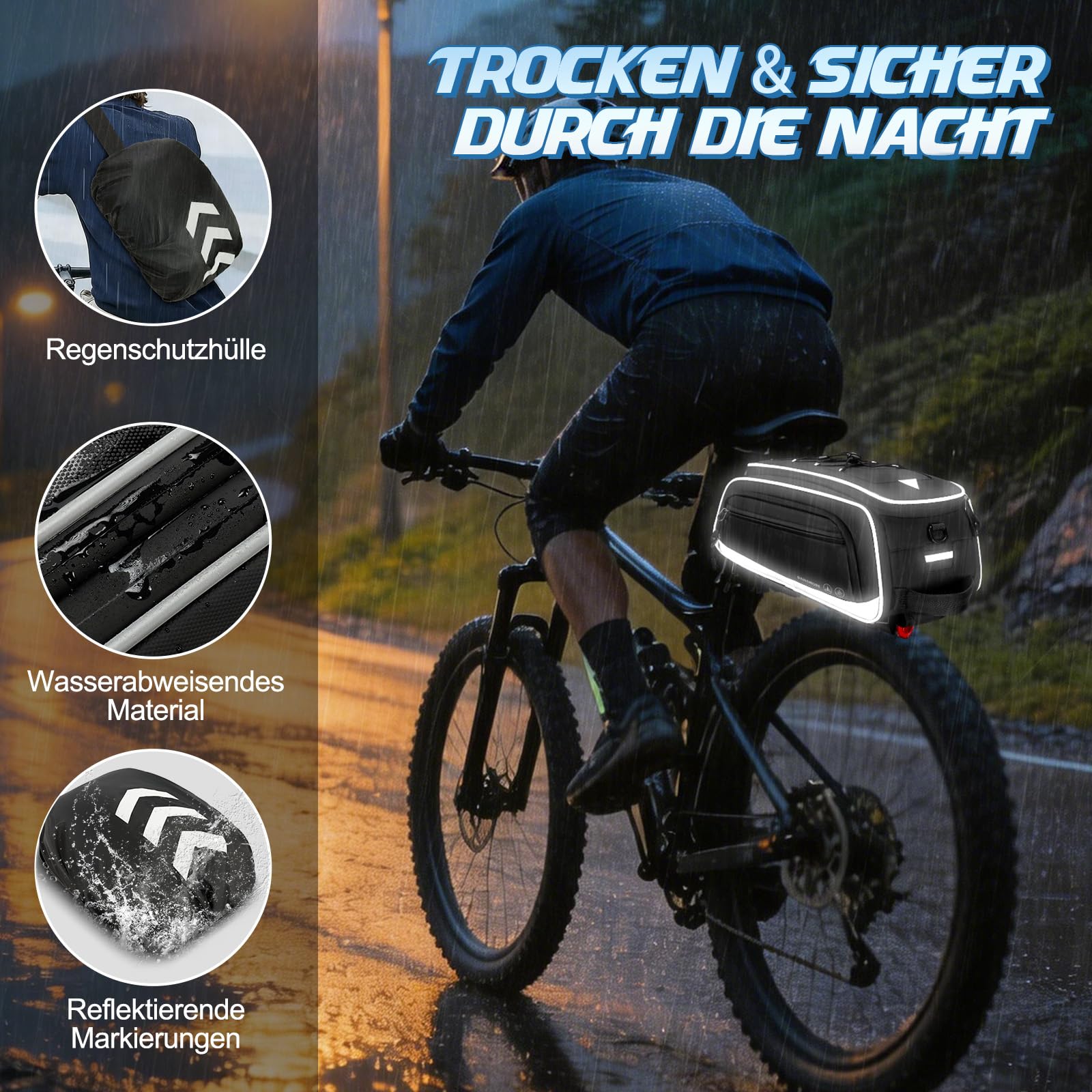 RAINSMORE Fahrradtaschen für Gepäckträger 15L-23L Erweiterbar Wasserdicht Fahrradtasche Hinten mit Reflektierend Regenschutz Fahrrad Gepäckträgertasche für E-Bike Pendler Freizeitradfahren Schwarz