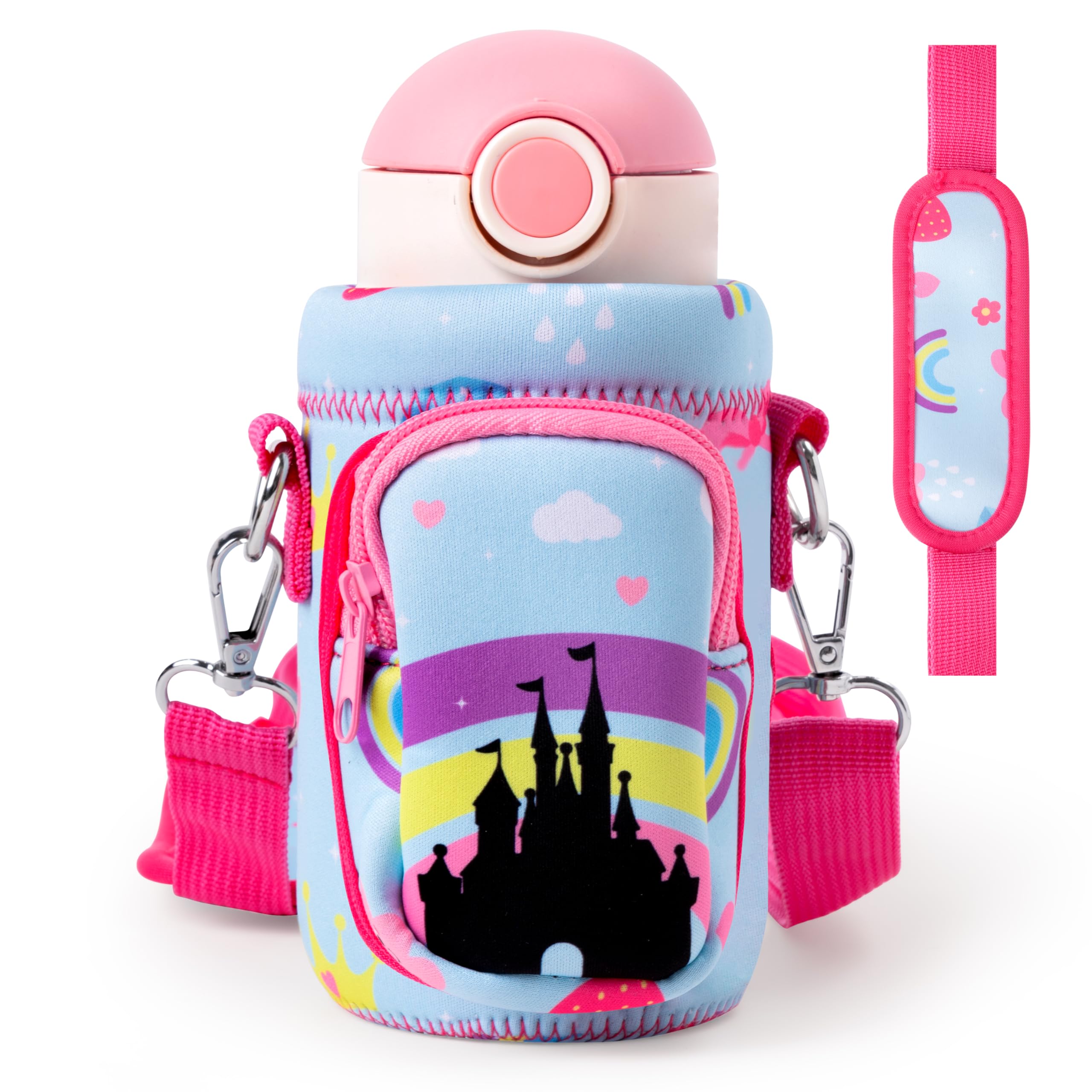 2OOYA Princess Castle Water Bottle Carrier Bag for Girls, Cute Castle Water Bottle Holder with Padded Strap Pocket