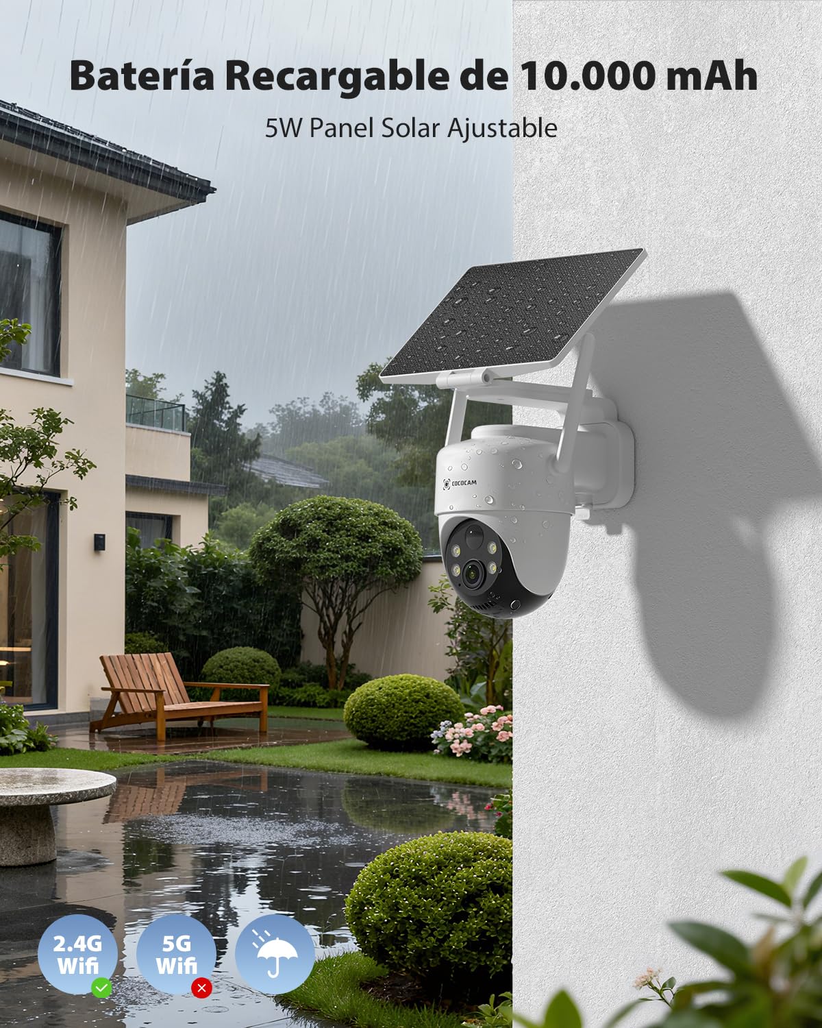 COCOCAM 4K 8MP Camara Vigilancia WiFi Exterior Solar con 10000mAh Batería | Panel Solar Ajustable 5W, Reconocimiento por IA, Detección Humana Mediante PIR, 355°P 90°T, WiFi 2.4GHz, WIFI 6, IP66