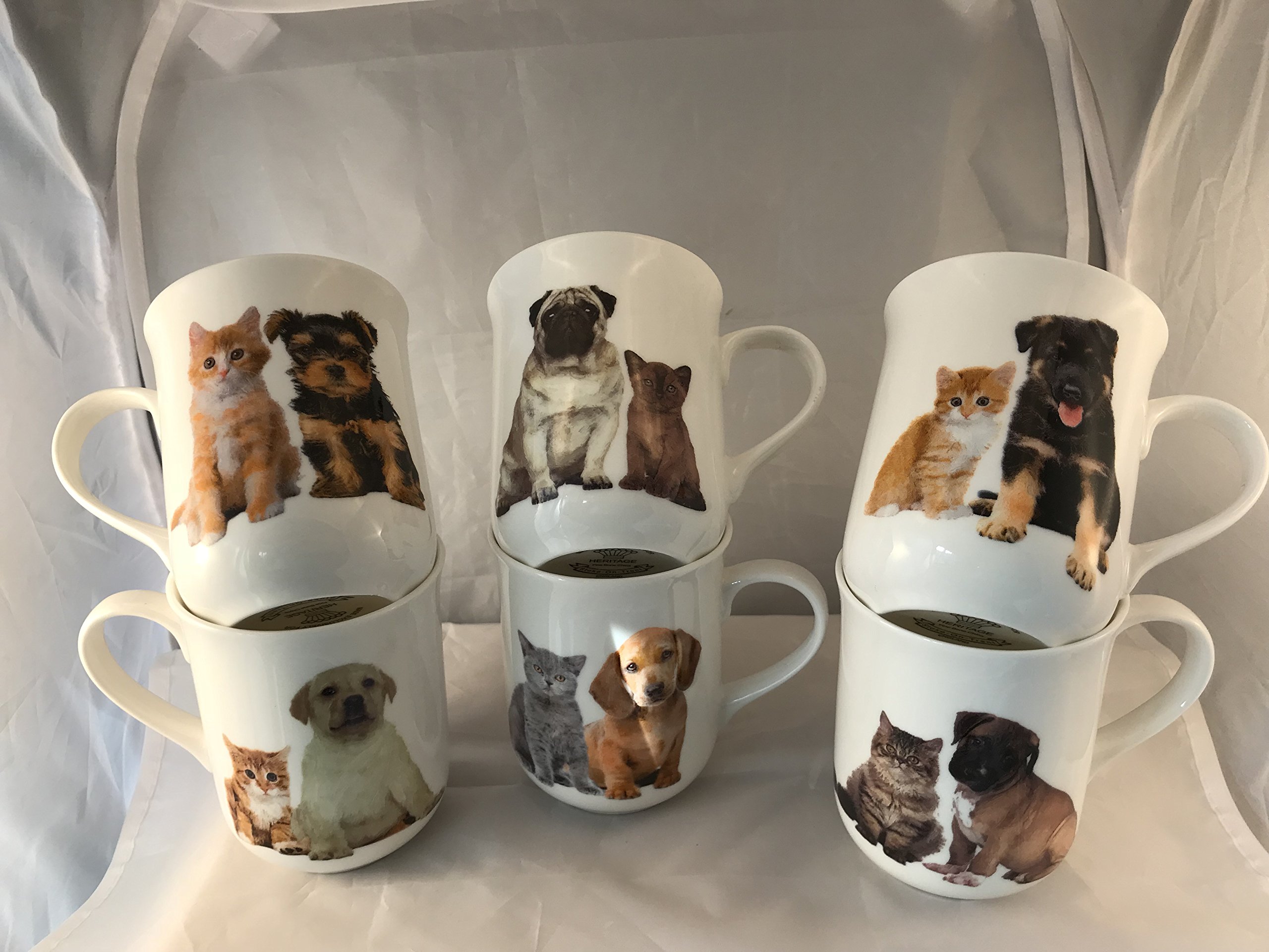 Chinacave Animal Print On White/Off-White Set Of 6 Fine Bone China Puppies And Kittens 10Oz Mugs Free Uk Delivery