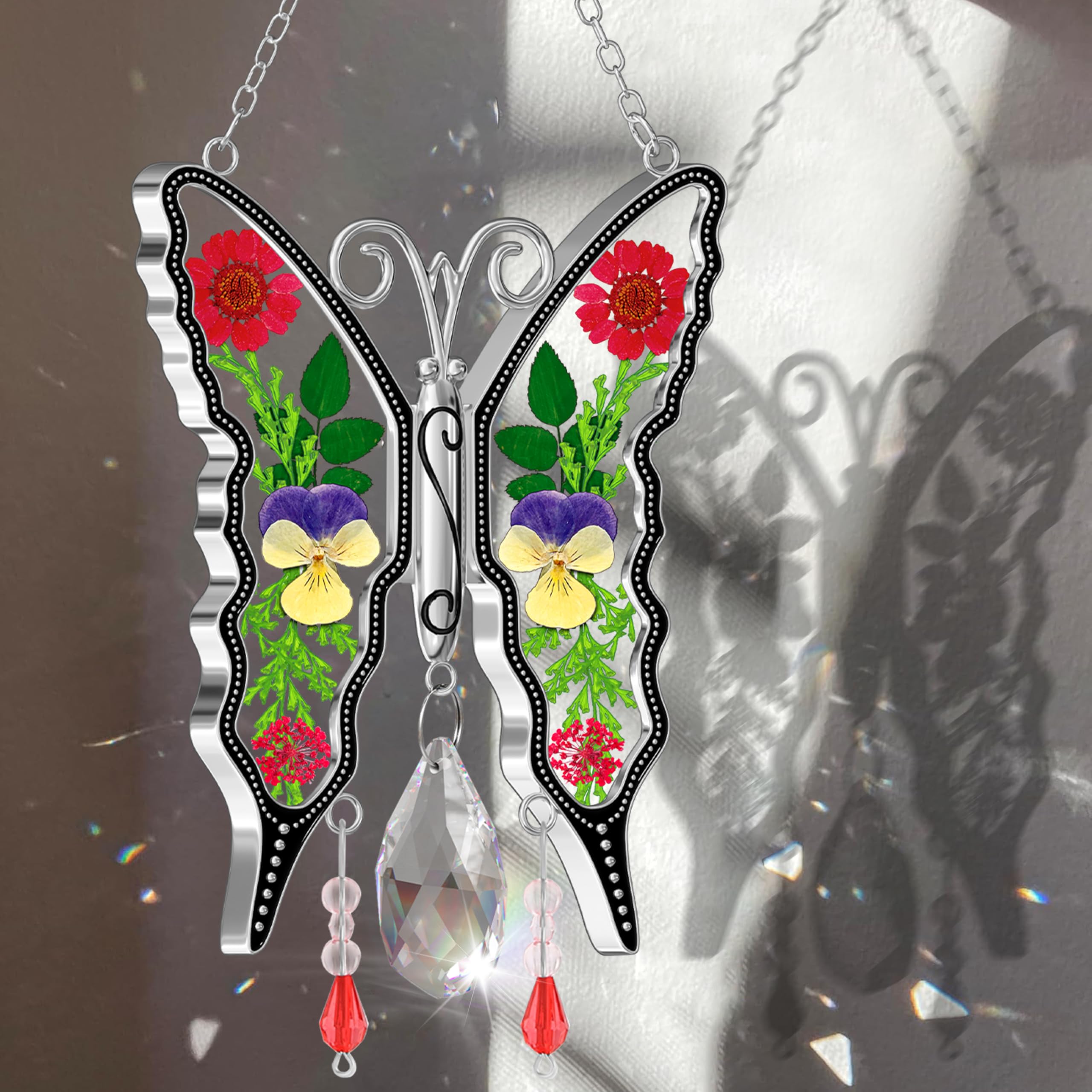 KY&BOSAM Atrapasueños de Mariposa, Regalo de Cristal para el día de la Madre, Regalo para mamá, atrapasueños de vidrieras, Adorno Colgante de Campanilla de Viento para Ventana, Regalo de mamá, día de
