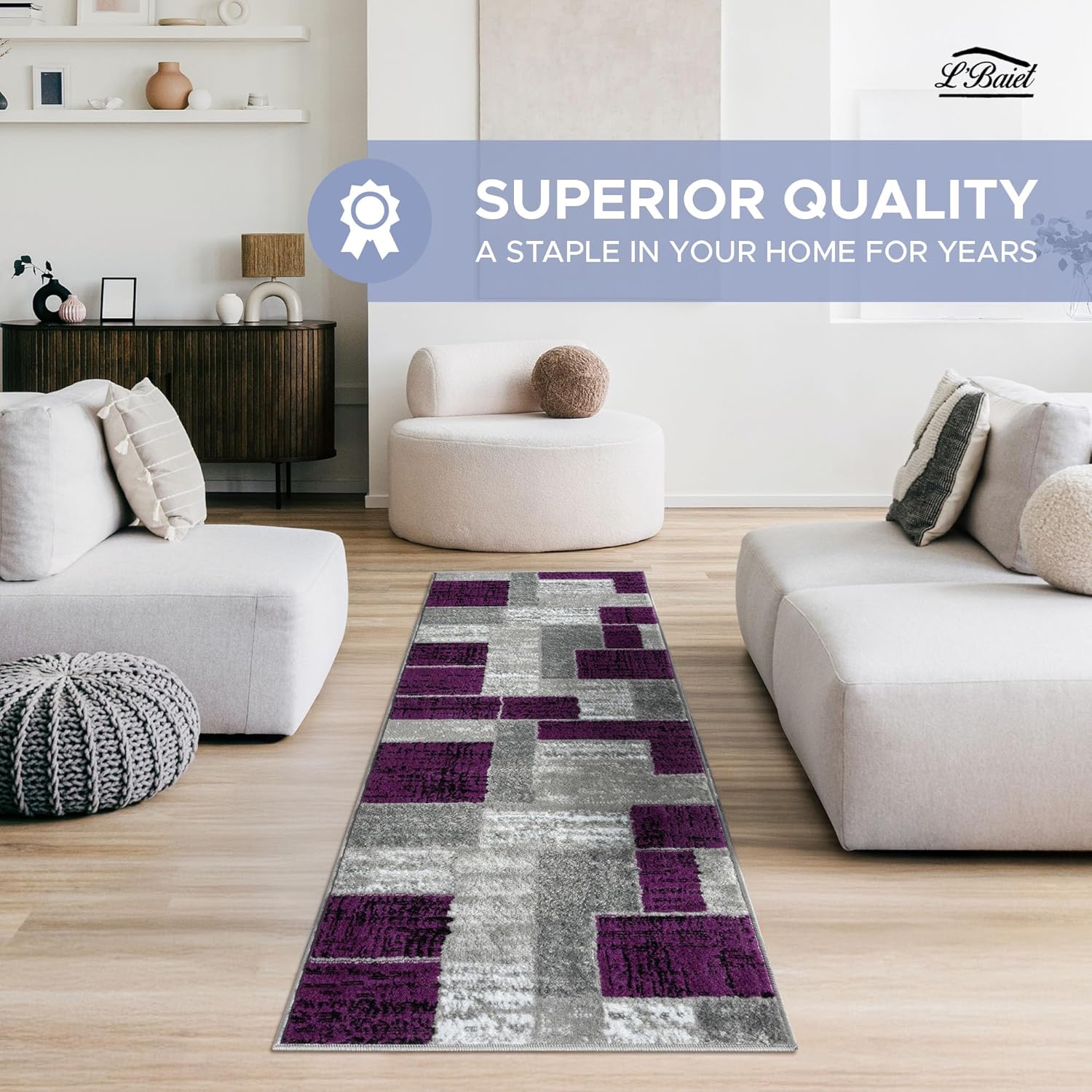 L'Baiet Verena Geometric Area Rug Purple Grey 2' x 6' Runner Throw Rugs Carpet for Living Room, Bedroom, Dining Table, Office, Hallway, Foyer | Neutral Colorful Modern Abstract Home Decor