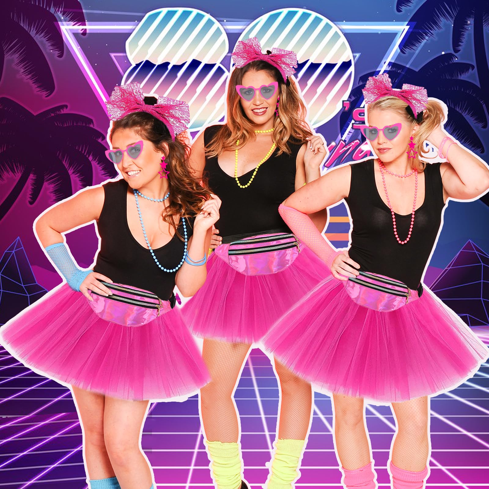 Costume anni '80, accessori per abiti da discoteca, luci al neon anni '90, t-shirt, tutu, bracciale, marsupio, occhiali, braccialetto, collane, scaldamuscoli, donne, outfit, anno, tema, festa